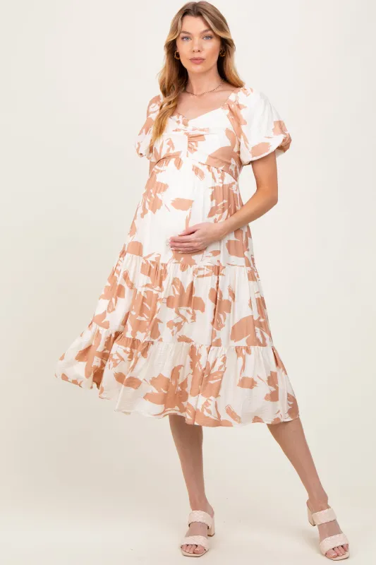 Ivory Floral Puff Sleeve Tiered Maternity Midi Dress sold by Pinkblush