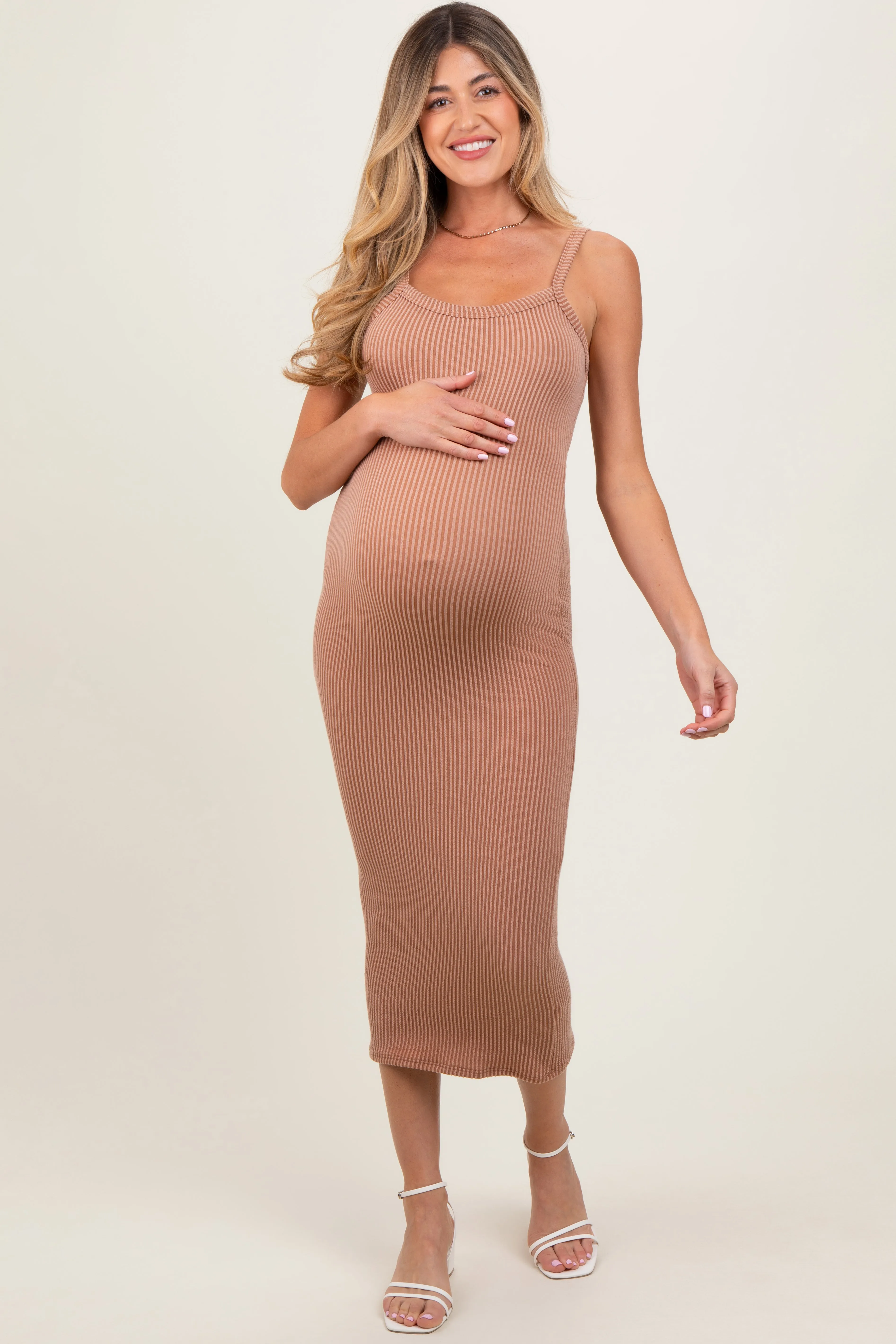 Taupe Ribbed Cami Maternity Midi Dress sold by Pinkblush