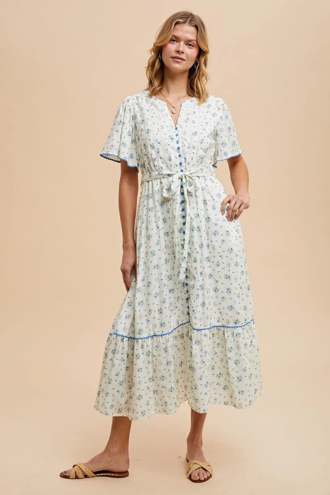 Ivory Floral Button Down Midi Dress sold by Pinkblush product image thumbnail 3