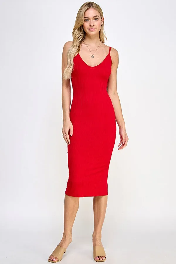Red Ribbed Cami Midi Dress sold by Pinkblush