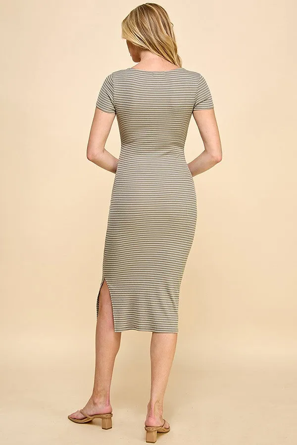 Light Olive Striped Button Square Neck Dress sold by Pinkblush product image thumbnail 3