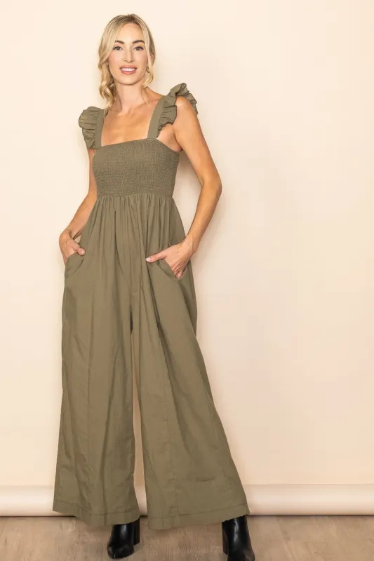Olive Ruffle Strap Smocked Wide Leg Jumpsuit sold by Pinkblush