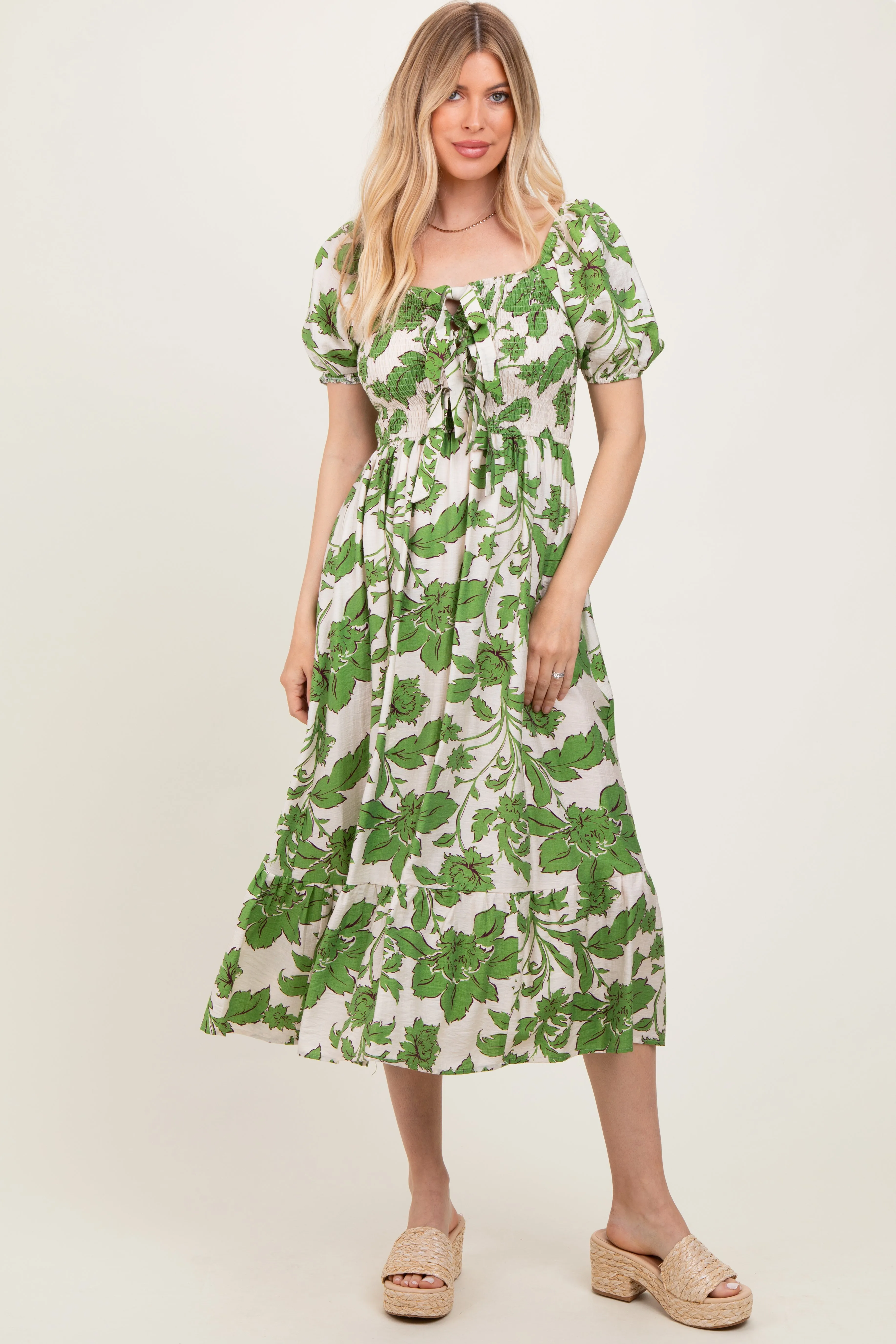 Green Floral Smocked Triple Front Tie Midi Dress sold by Pinkblush product image thumbnail 2