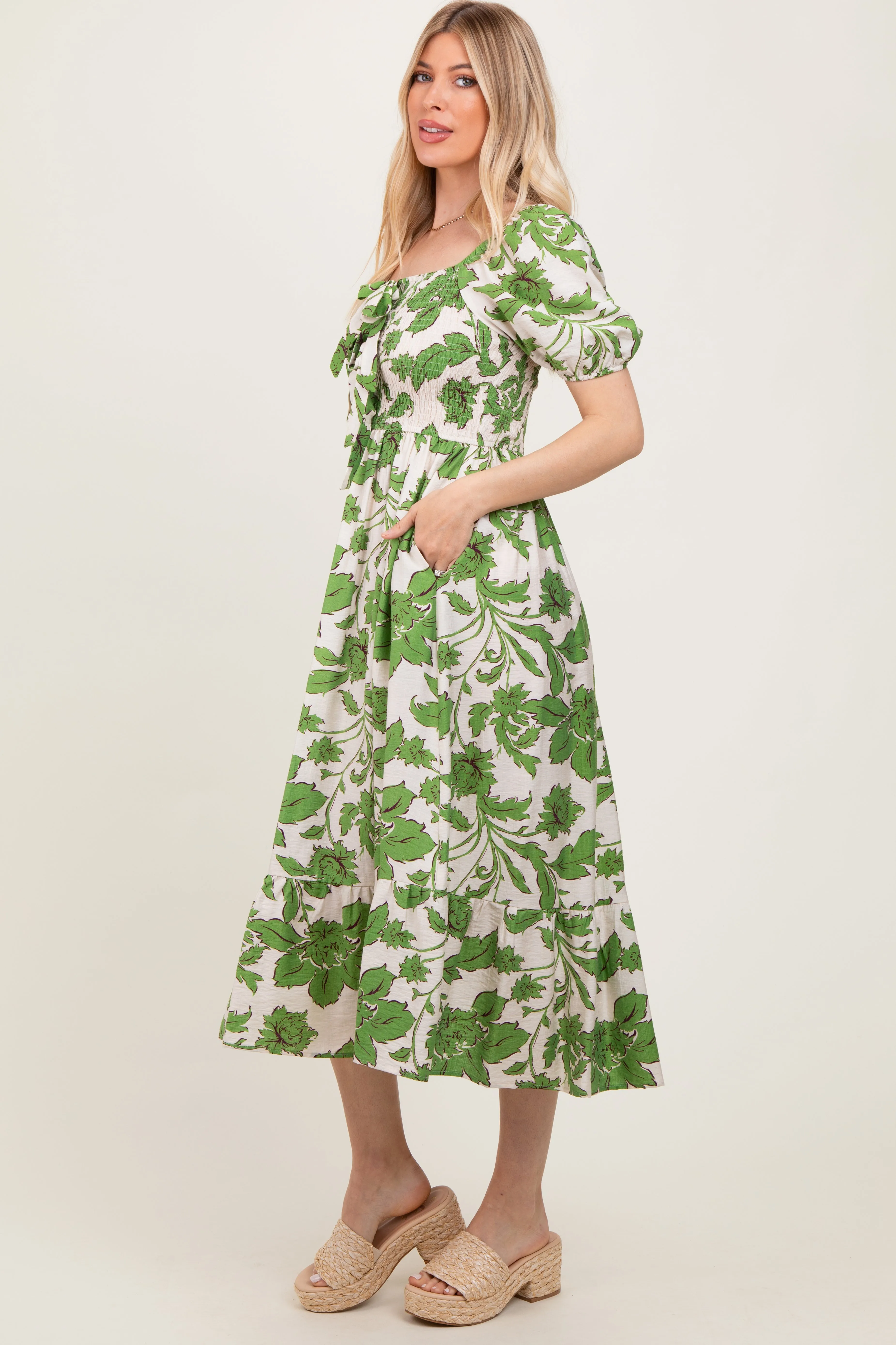 Green Floral Smocked Triple Front Tie Midi Dress sold by Pinkblush product image thumbnail 3