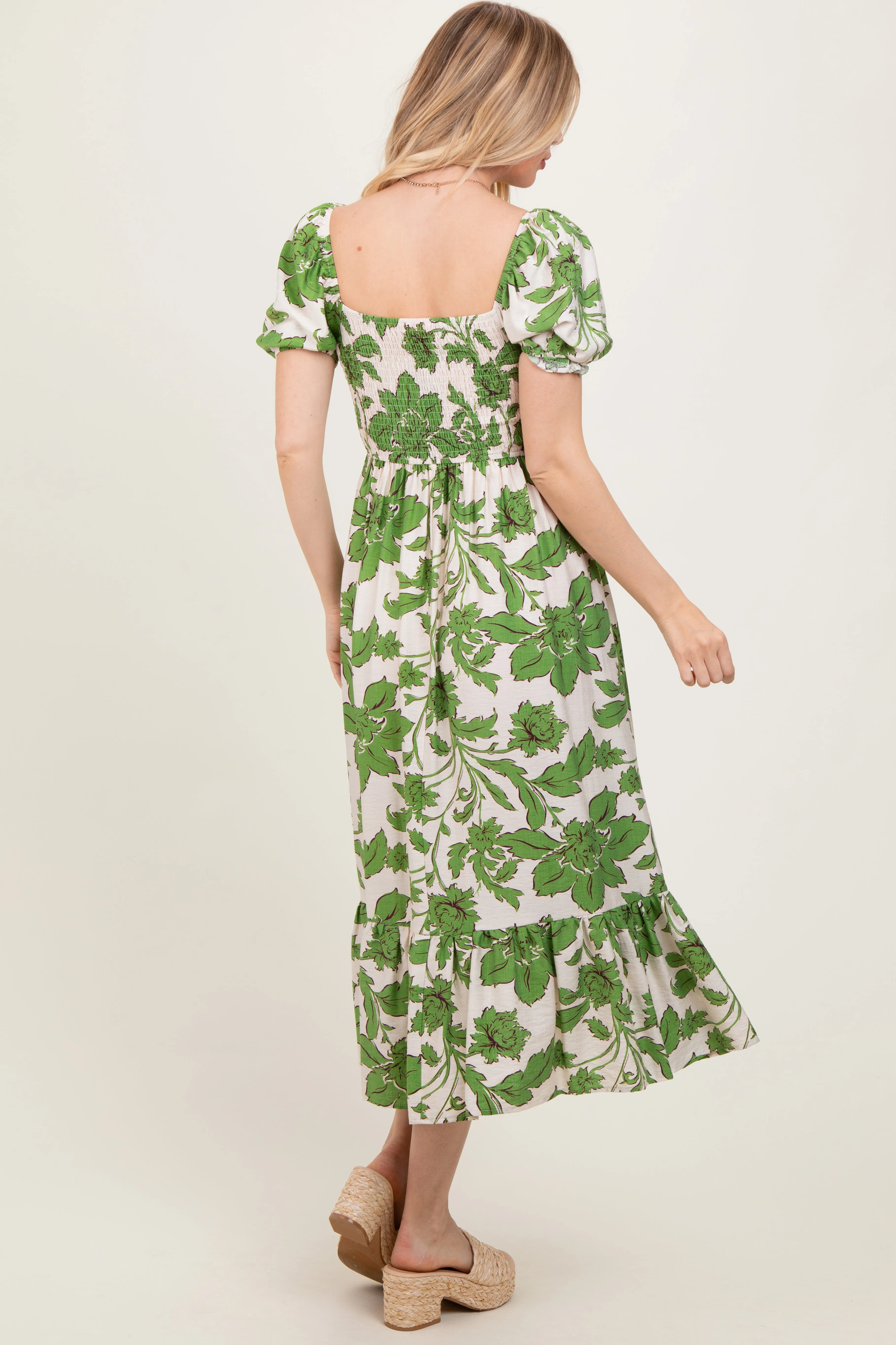 Green Floral Smocked Triple Front Tie Midi Dress sold by Pinkblush product image thumbnail 4