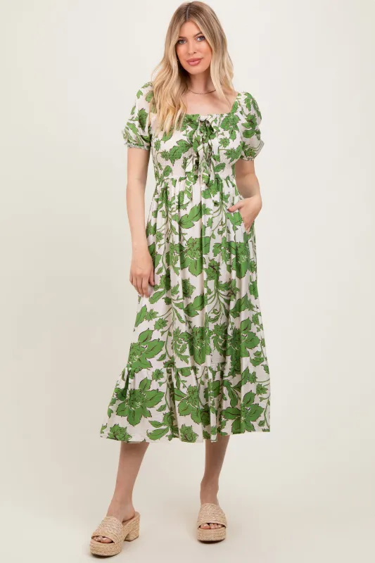 Green Floral Smocked Triple Front Tie Midi Dress made by Pinkblush