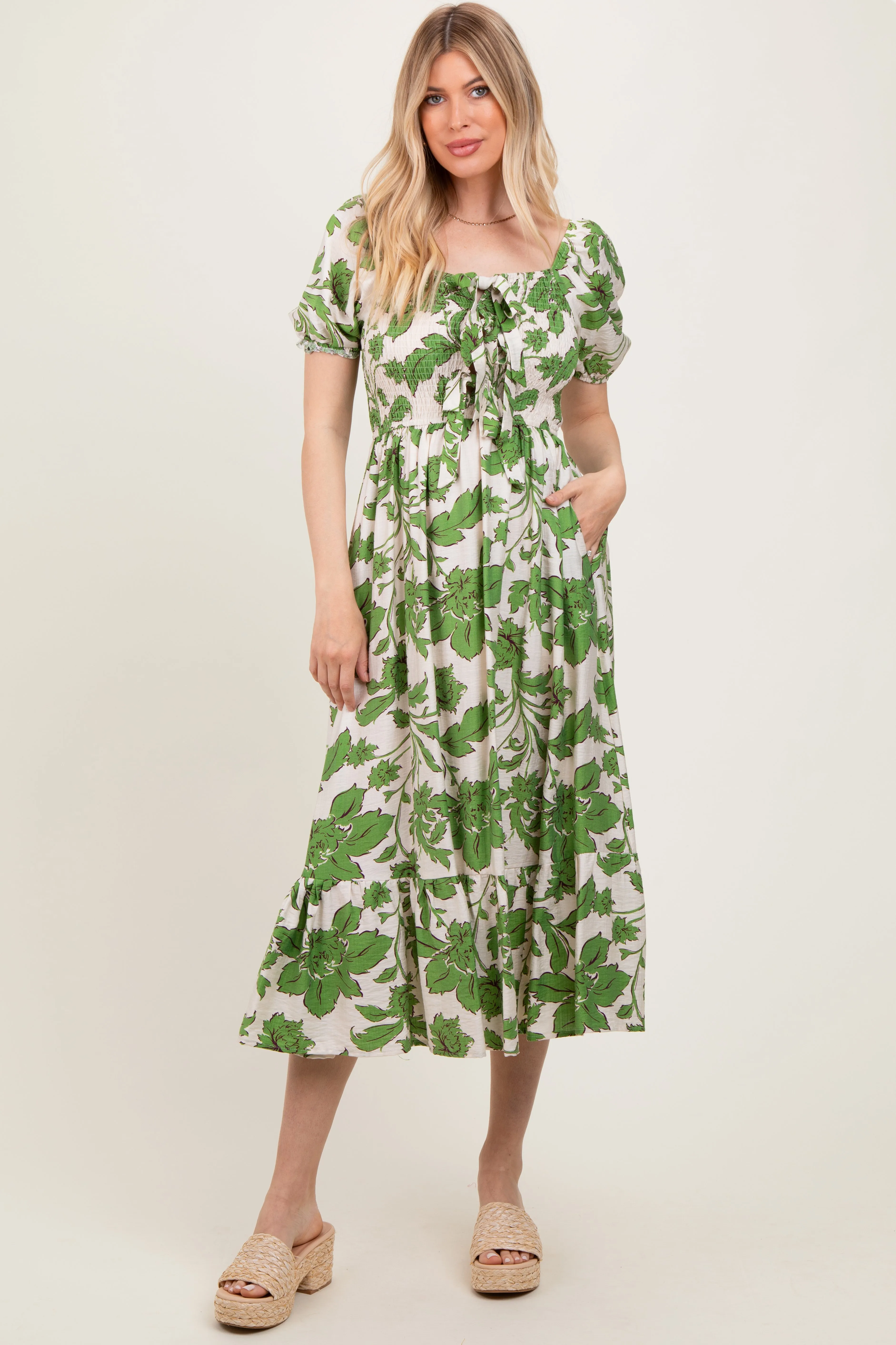 Green Floral Smocked Triple Front Tie Midi Dress sold by Pinkblush