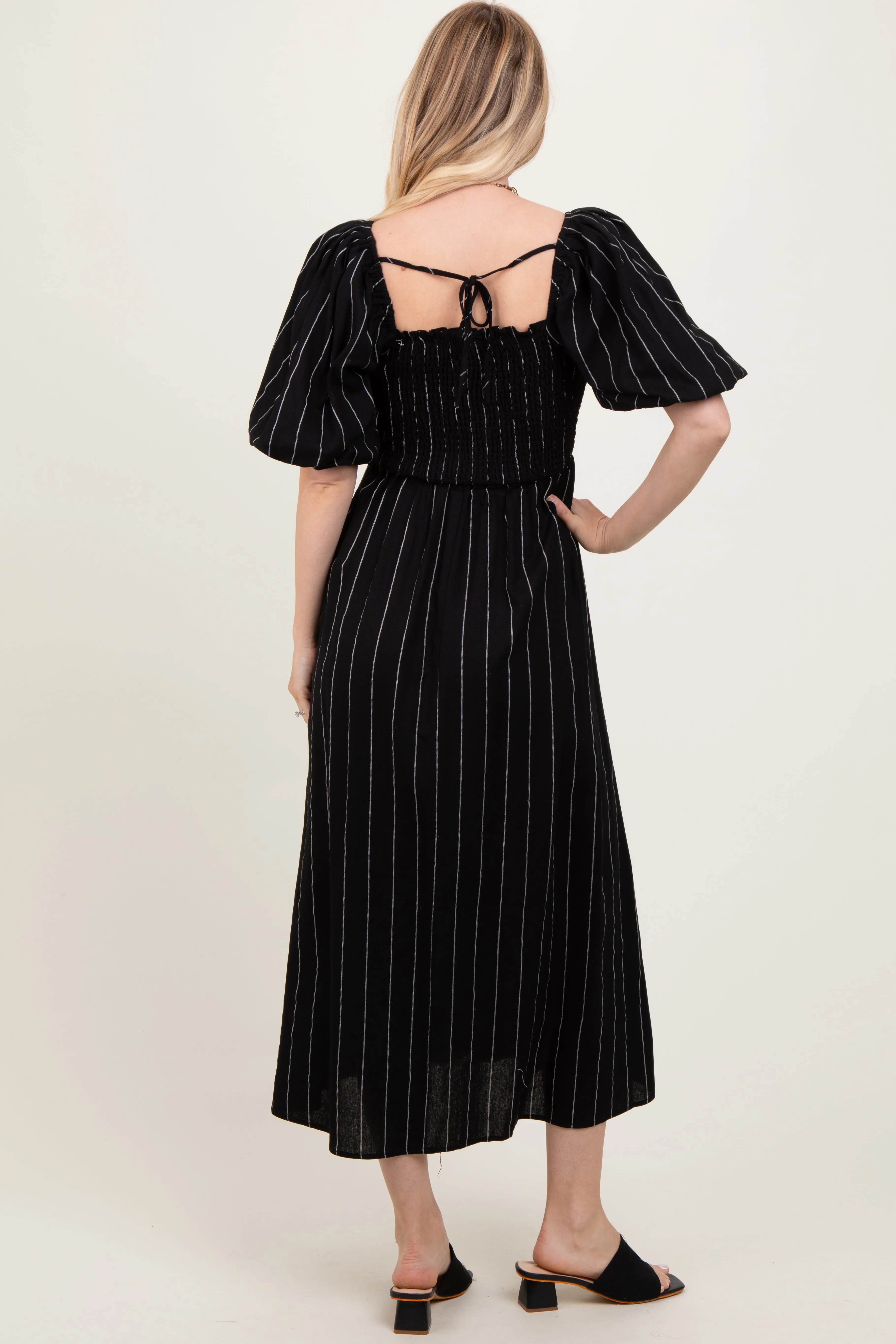 Black Linen Stripe Puff Sleeve Midi Dress sold by Pinkblush product image thumbnail 4