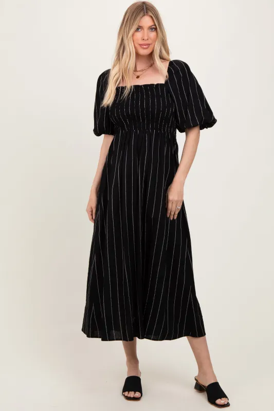 Black Linen Stripe Puff Sleeve Midi Dress sold by Pinkblush