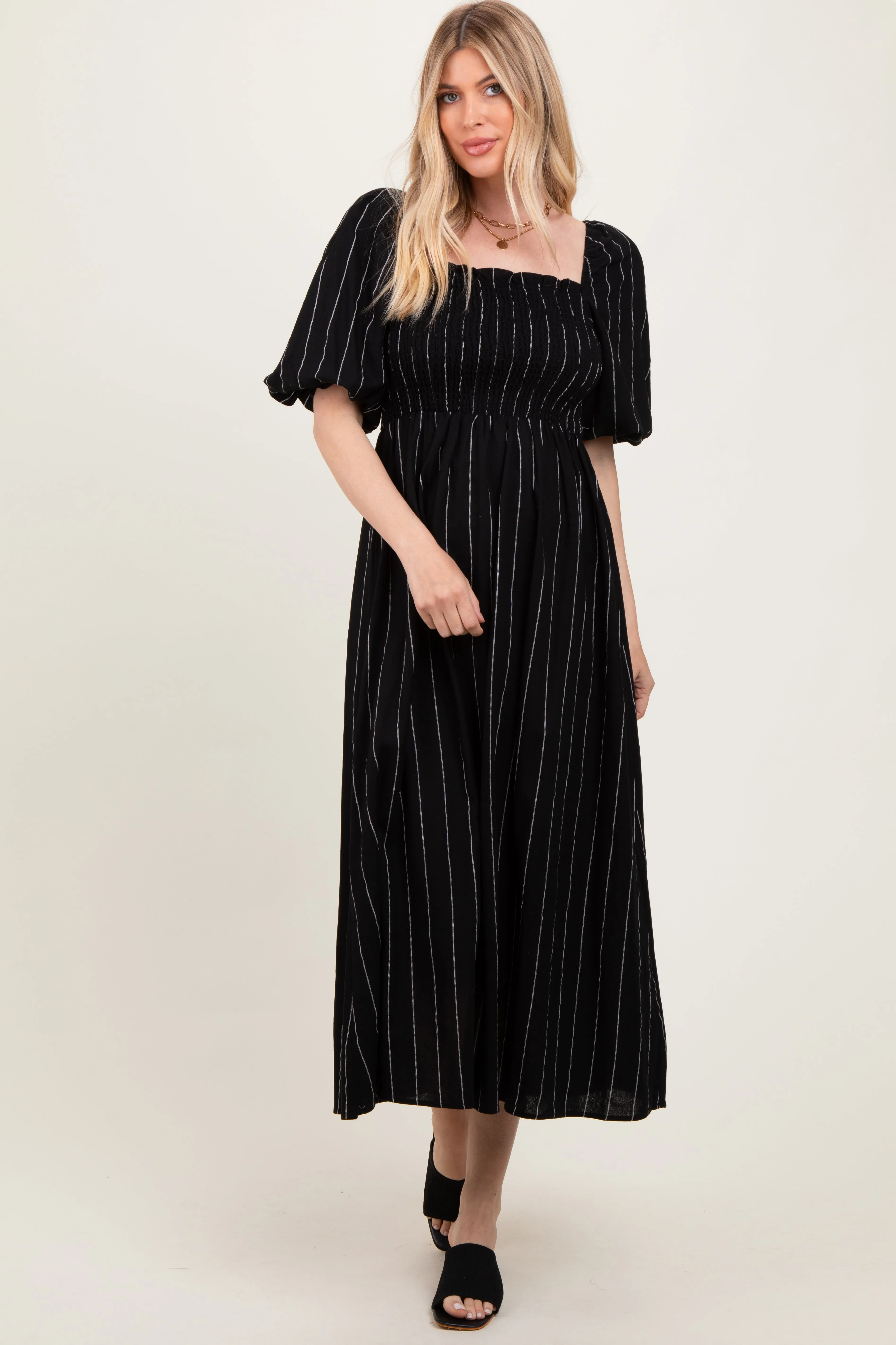 Black Linen Stripe Puff Sleeve Midi Dress sold by Pinkblush product image thumbnail 2