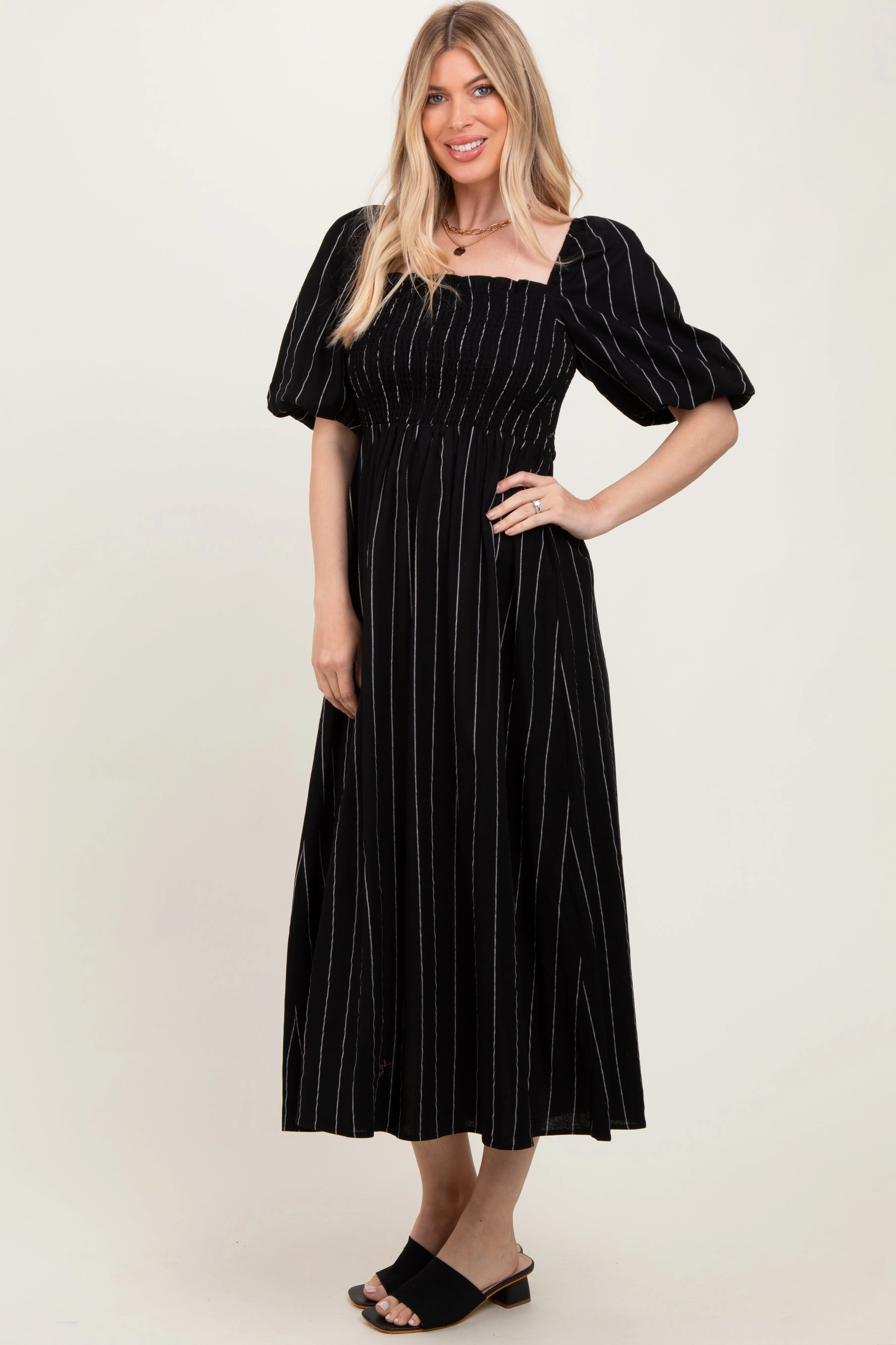 Black Linen Stripe Puff Sleeve Midi Dress sold by Pinkblush product image thumbnail 3