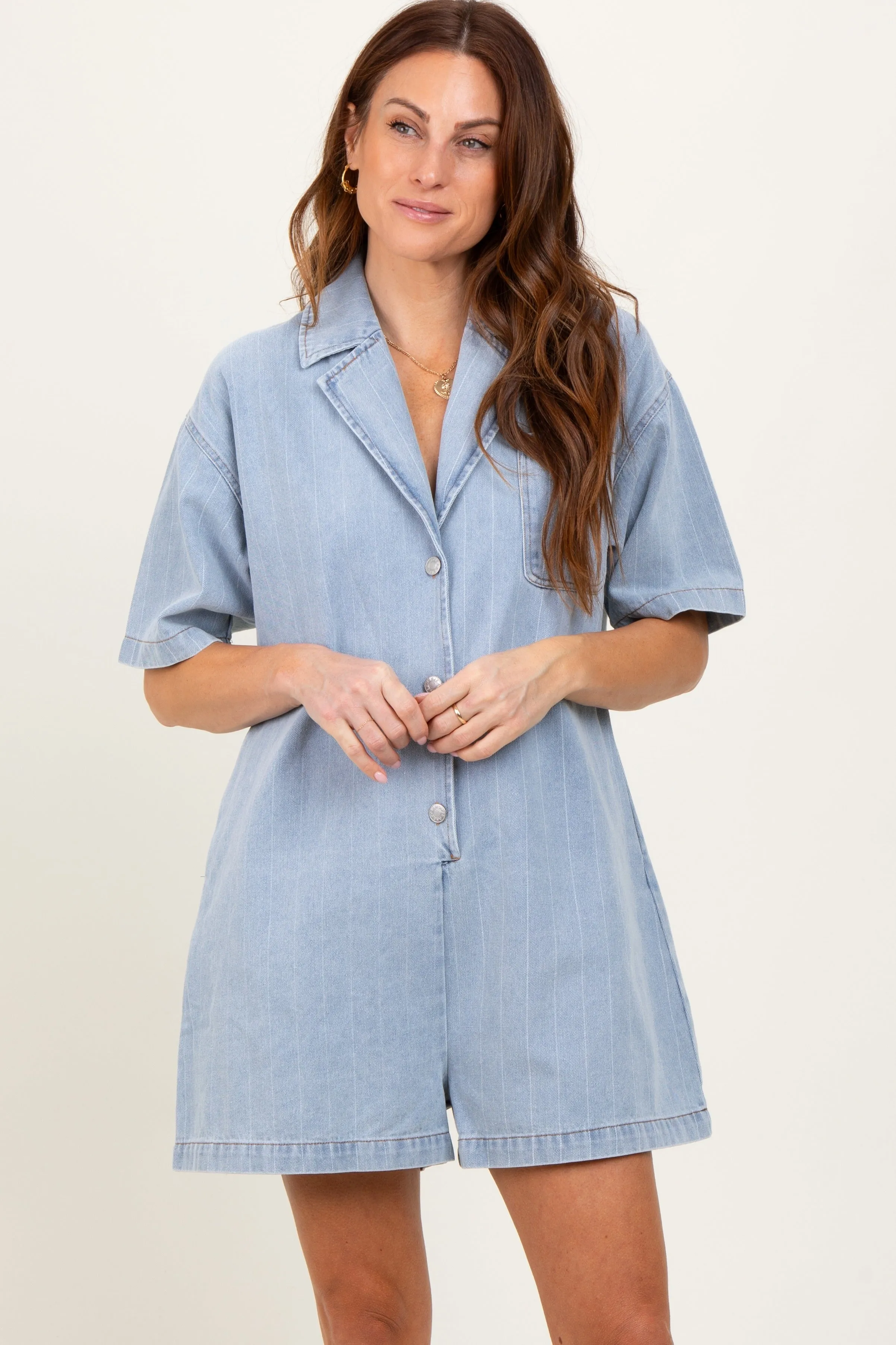 Blue Denim Striped Short Sleeve Romper sold by Pinkblush product image thumbnail 2