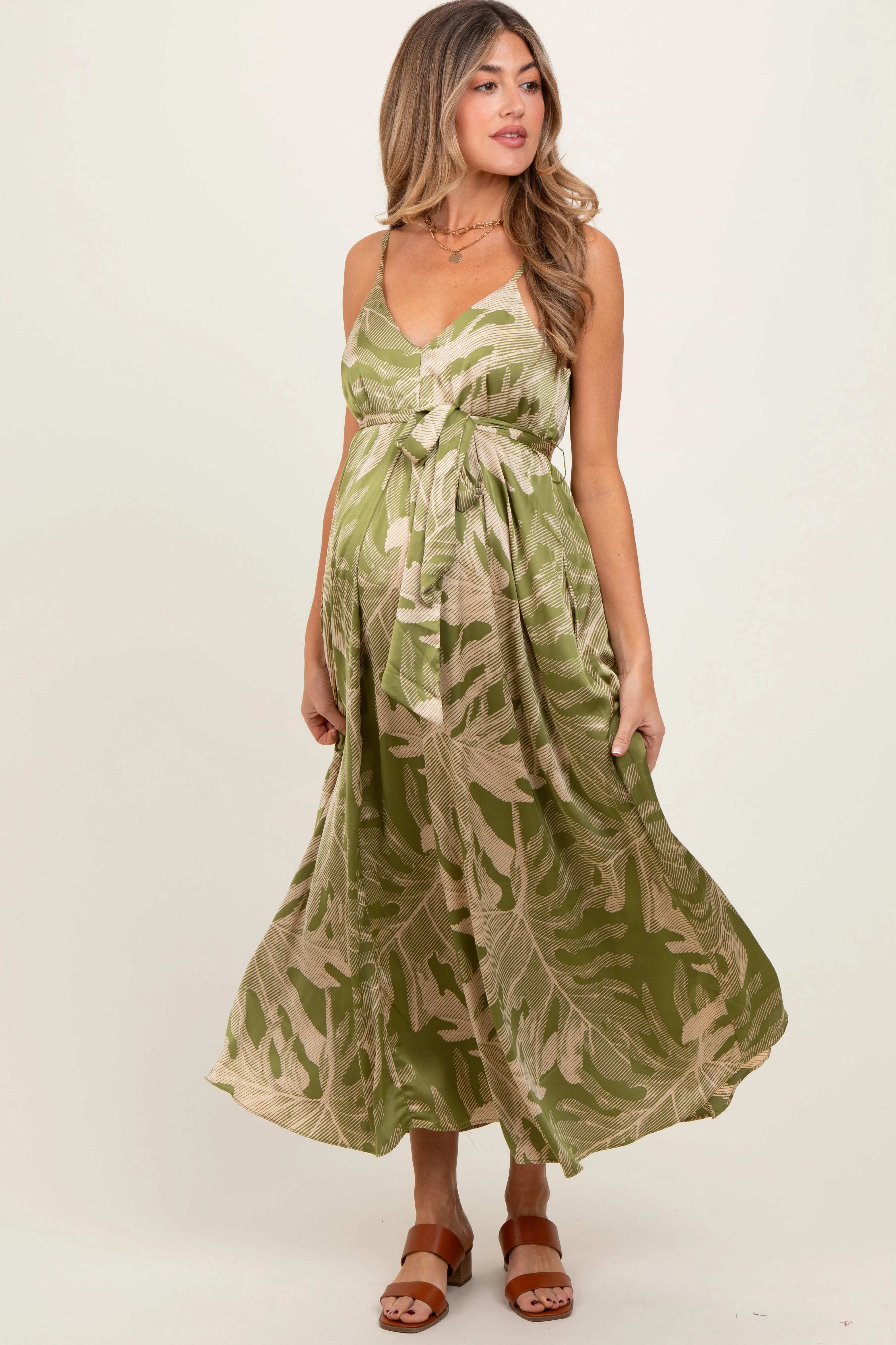 Lime Green Leaf Print Sash Tie Maternity Midi Dress sold by Pinkblush