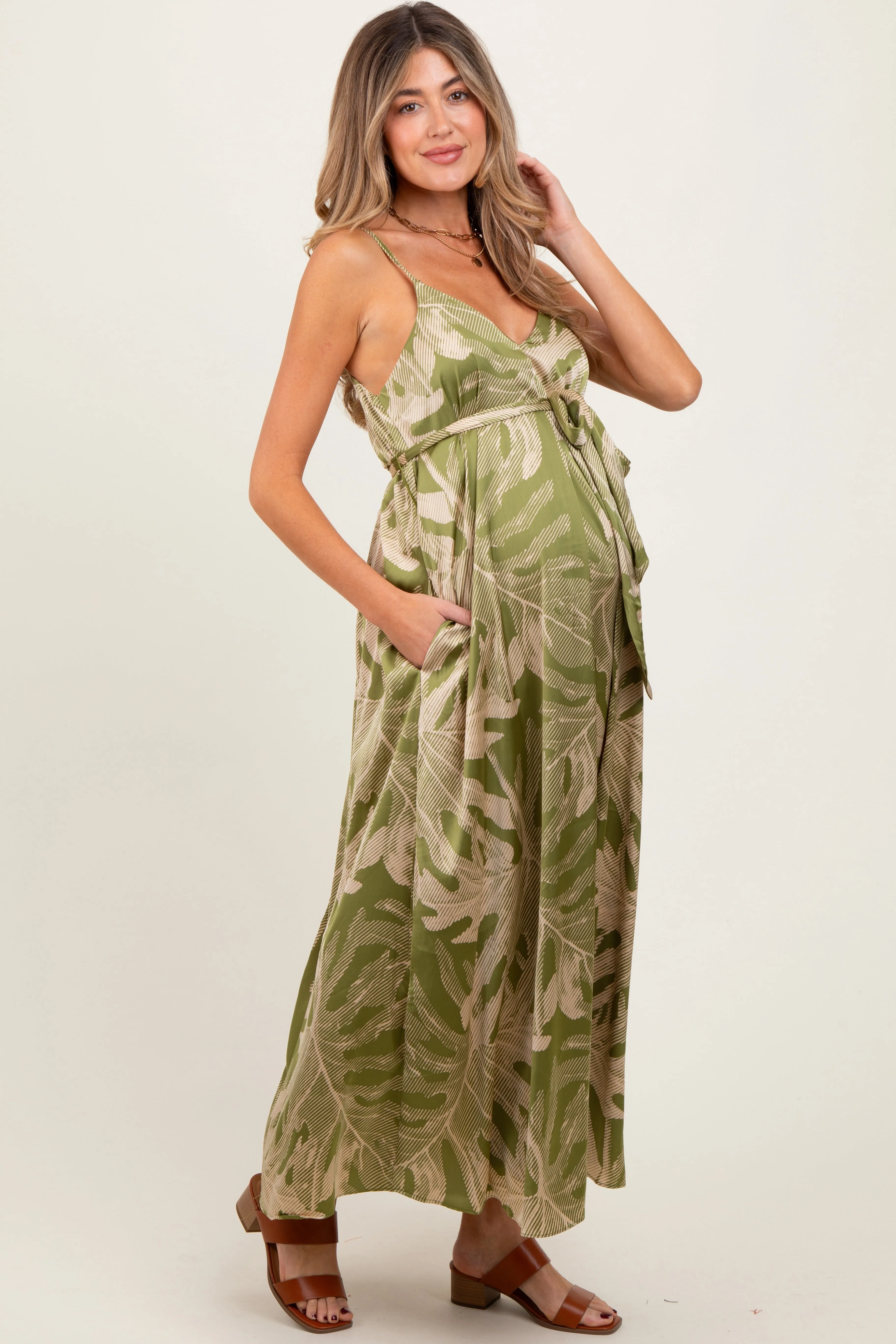 Lime Green Leaf Print Sash Tie Maternity Midi Dress sold by Pinkblush product image thumbnail 2