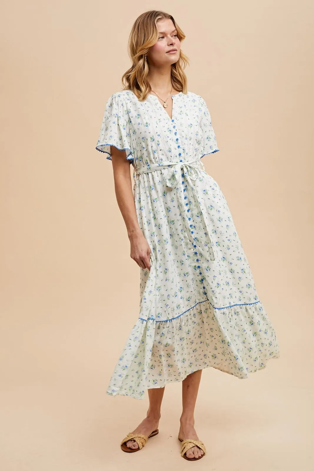 Ivory Floral Button Down Midi Dress sold by Pinkblush product image thumbnail 4