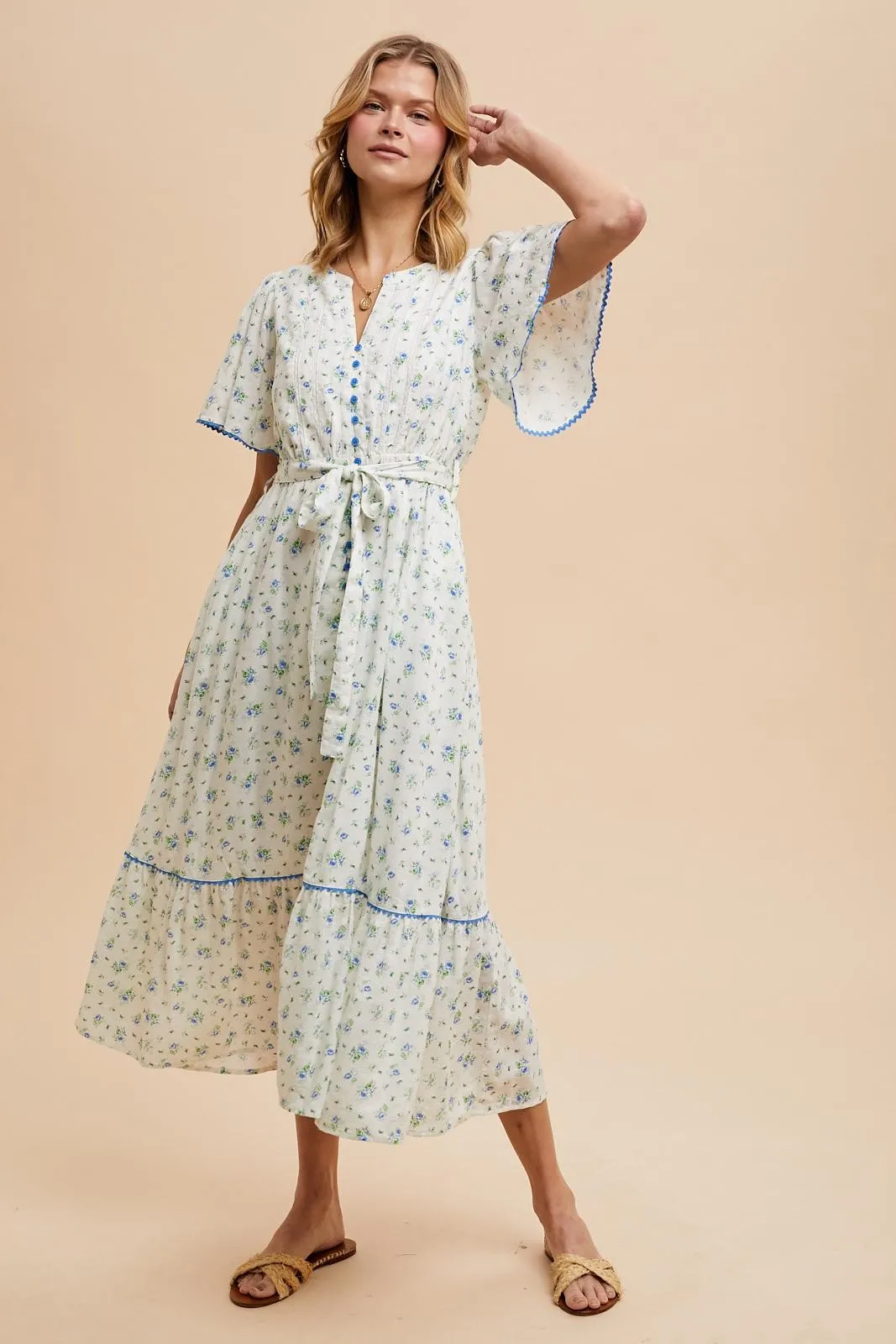 Ivory Floral Button Down Midi Dress sold by Pinkblush