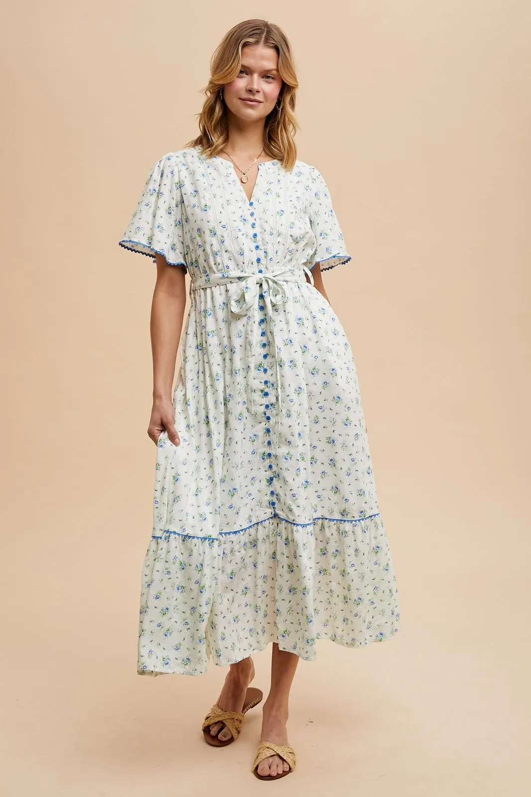 Ivory Floral Button Down Midi Dress sold by Pinkblush product image thumbnail 2