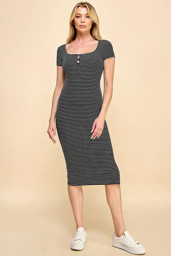 Black Striped Button Square Neck Dress sold by Pinkblush