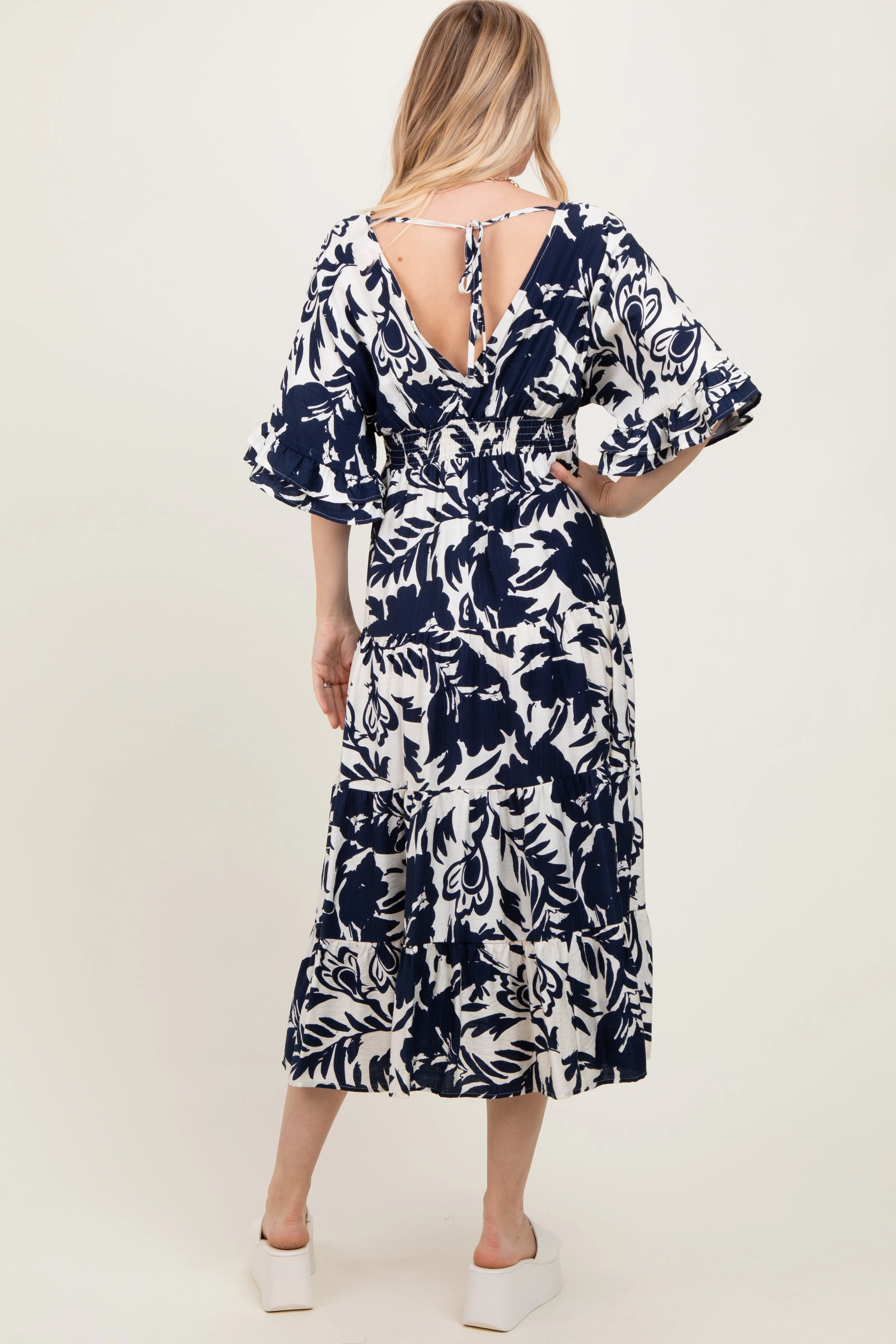Navy Abstract Floral V-Neck Tiered Midi Dress sold by Pinkblush product image thumbnail 4
