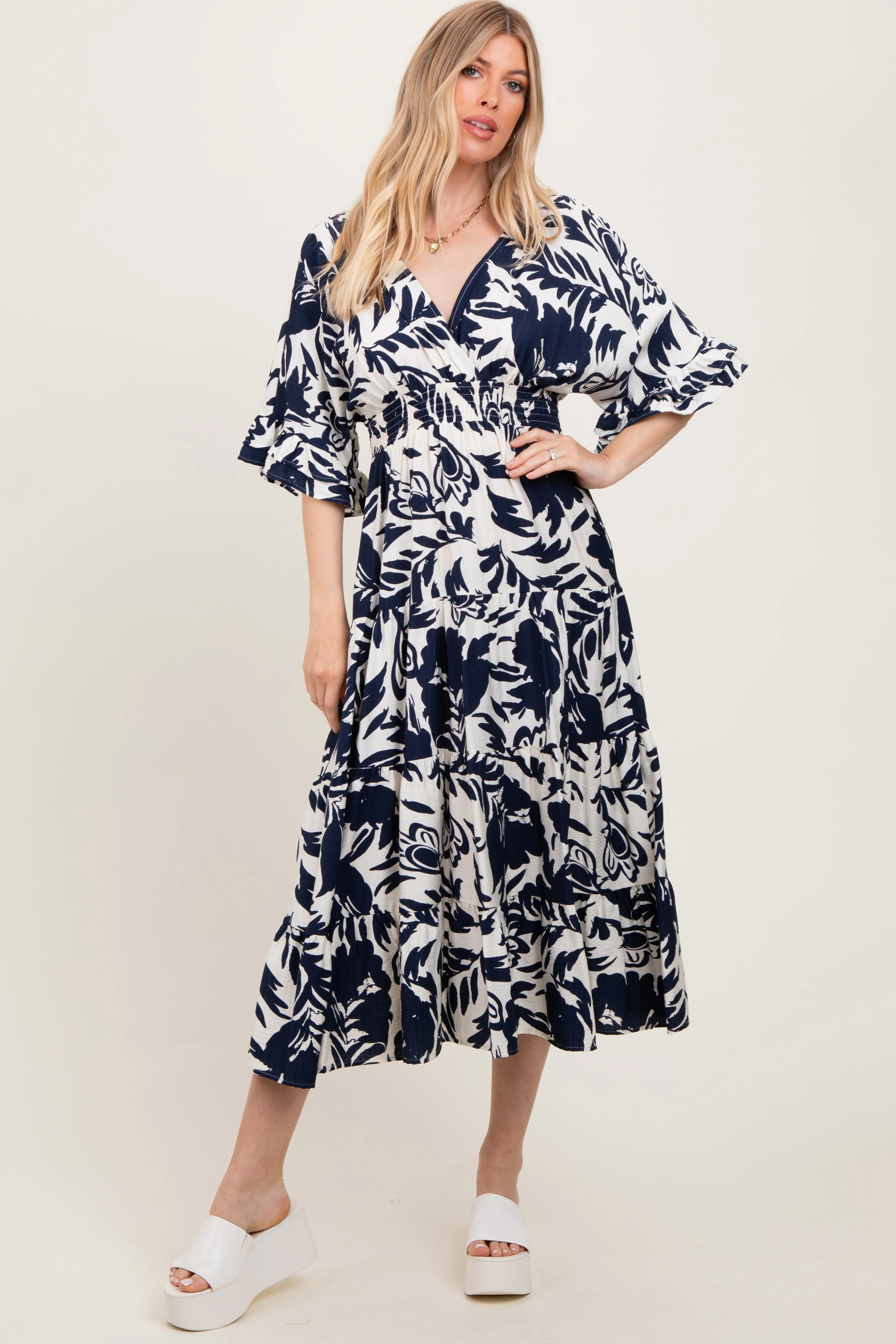 Navy Abstract Floral V-Neck Tiered Midi Dress sold by Pinkblush product image thumbnail 2