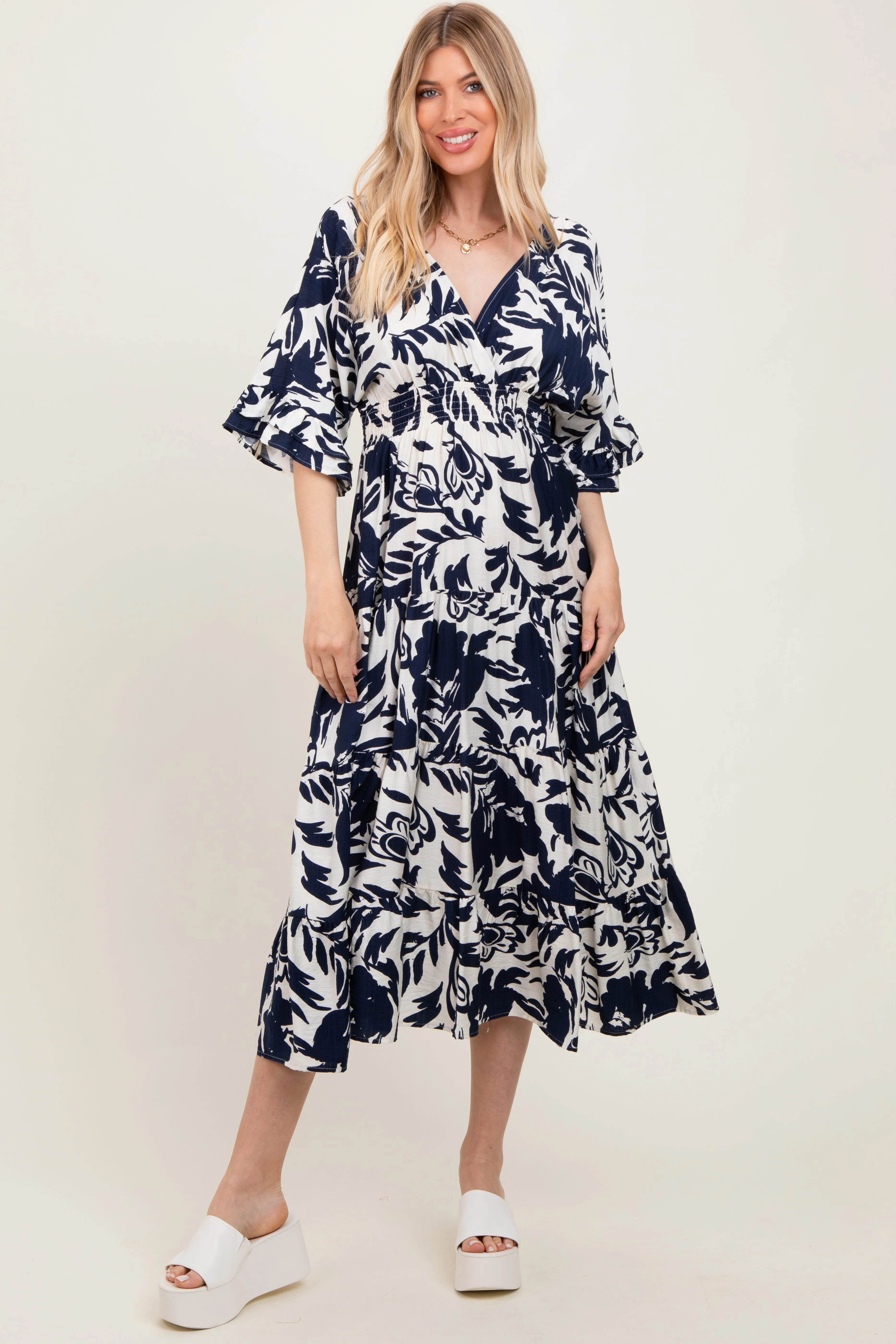 Navy Abstract Floral V-Neck Tiered Midi Dress sold by Pinkblush