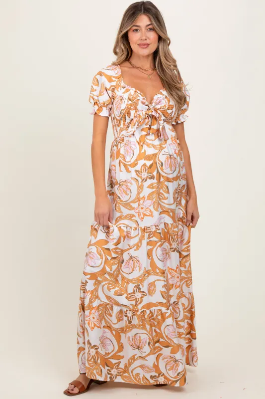 Taupe Floral Smocked Front Tie Maternity Maxi Dress sold by Pinkblush