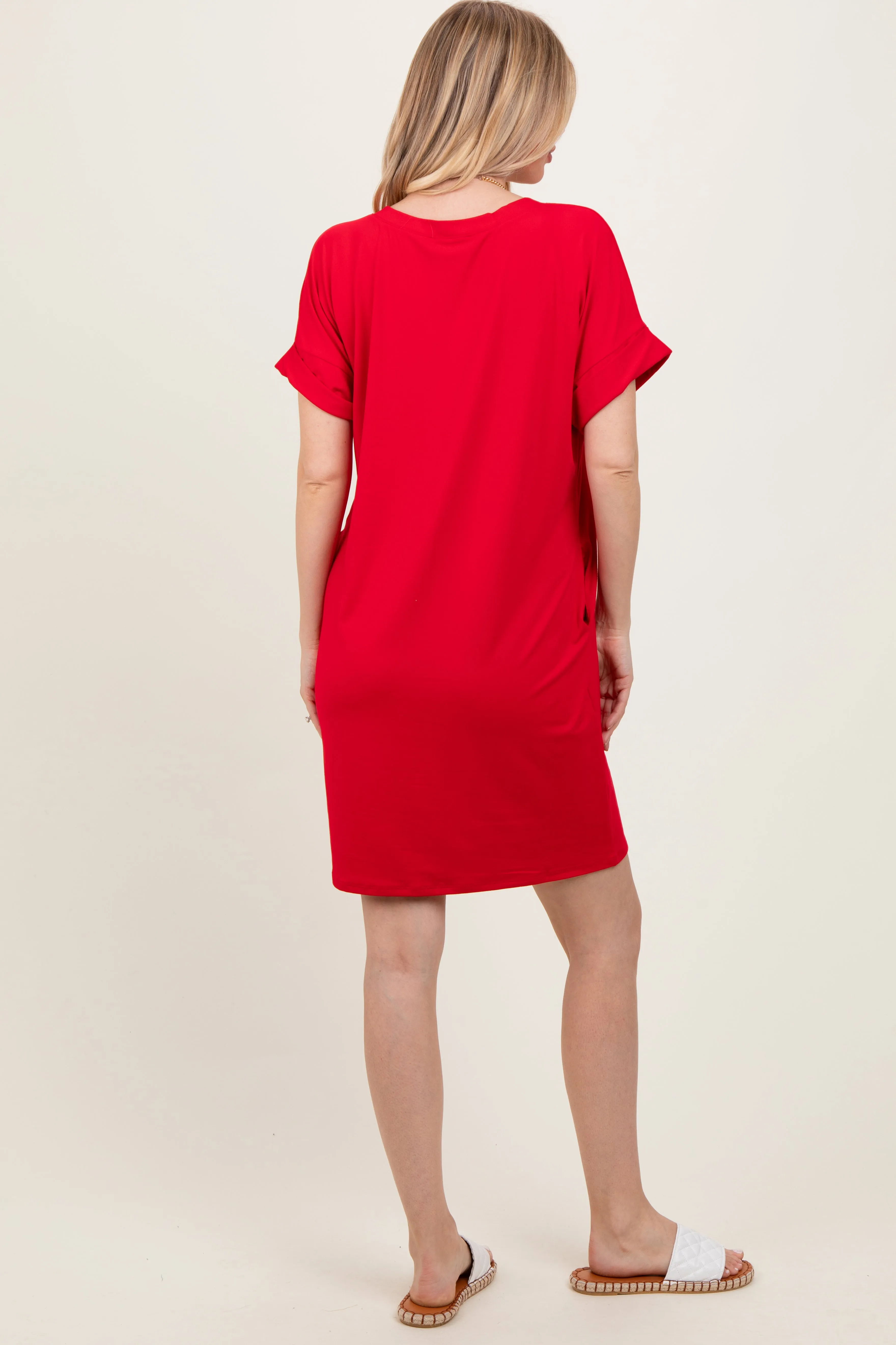 Red Brushed Rolled Short Sleeve V-Neck Dress sold by Pinkblush product image thumbnail 4