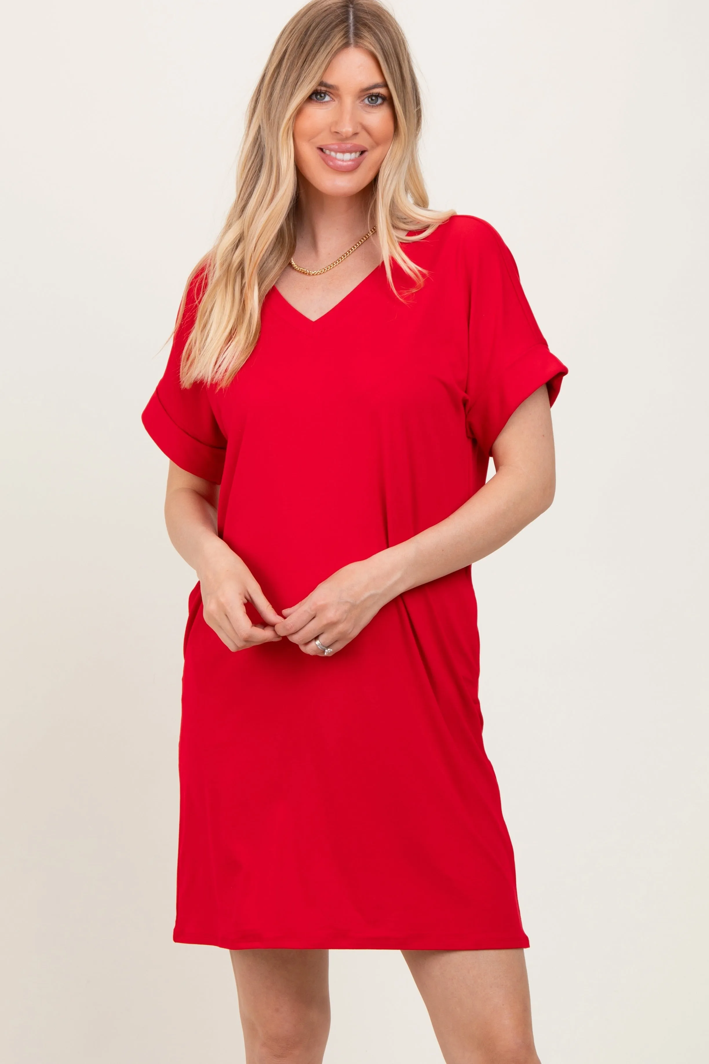 Red Brushed Rolled Short Sleeve V-Neck Dress sold by Pinkblush