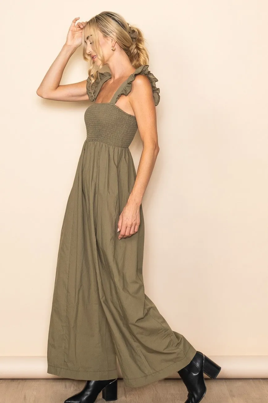 Olive Ruffle Strap Smocked Wide Leg Jumpsuit sold by Pinkblush product image thumbnail 2
