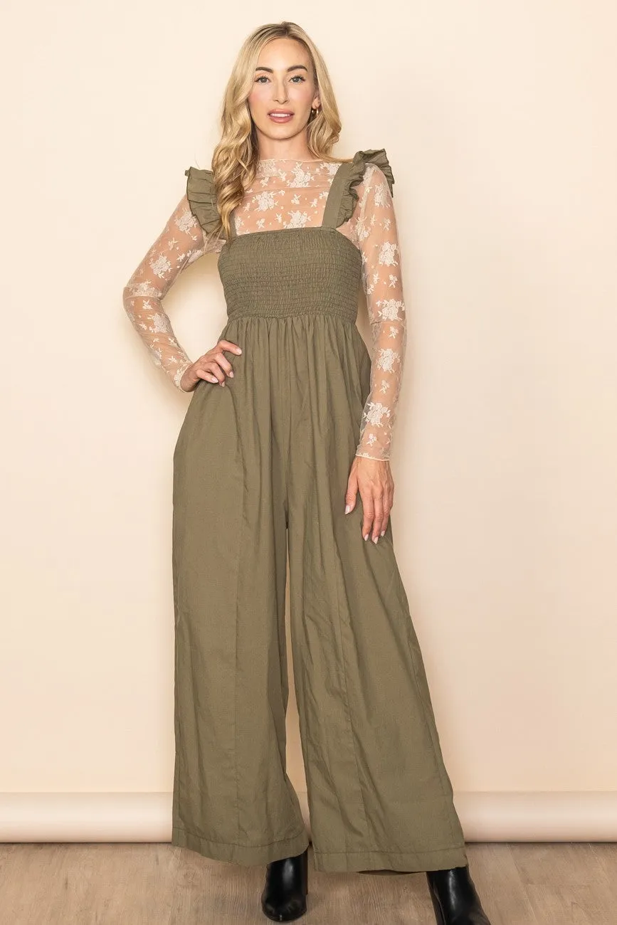 Olive Ruffle Strap Smocked Wide Leg Jumpsuit sold by Pinkblush product image thumbnail 3