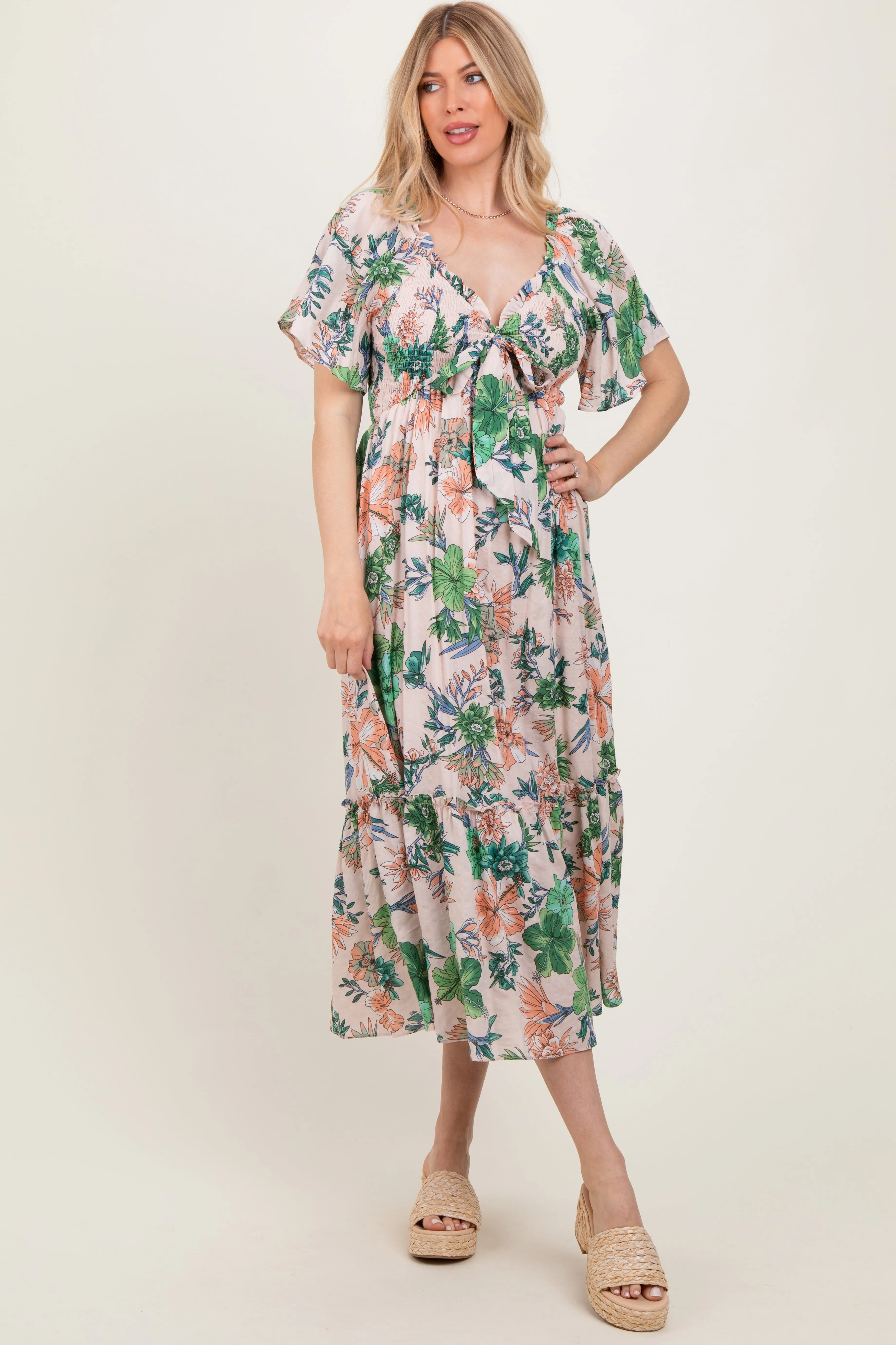 Light Pink Floral Print Woven Midi Dress sold by Pinkblush