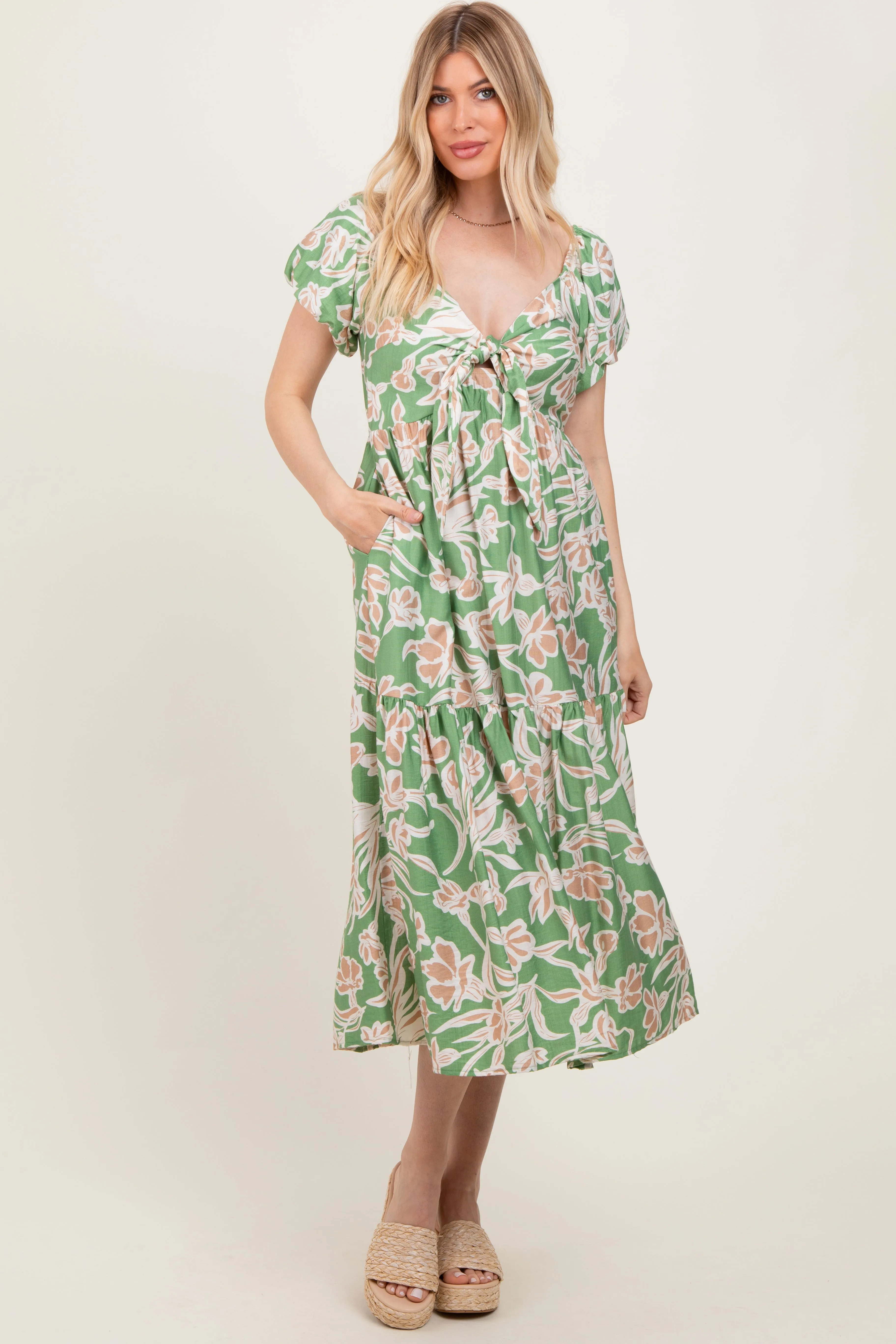 Green Floral Front Tie Midi Dress sold by Pinkblush product image thumbnail 2