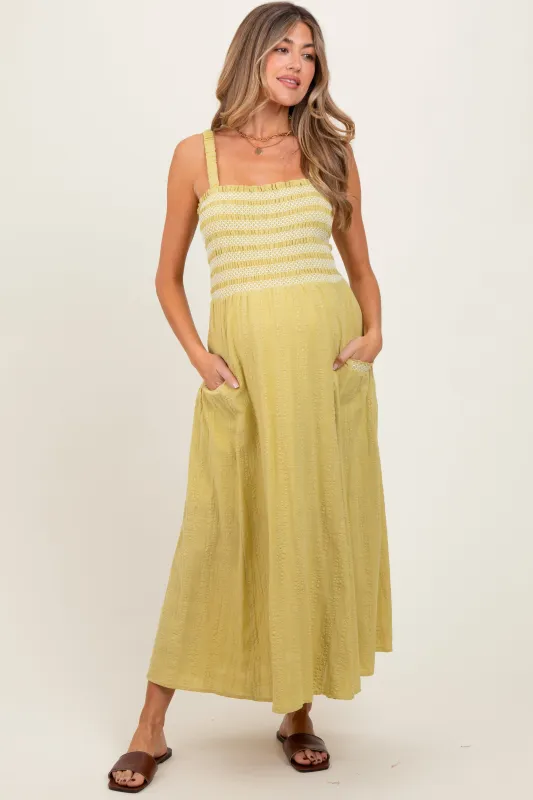 Lime Smocked Embroidered Bust Textured Maternity Midi Dress sold by Pinkblush