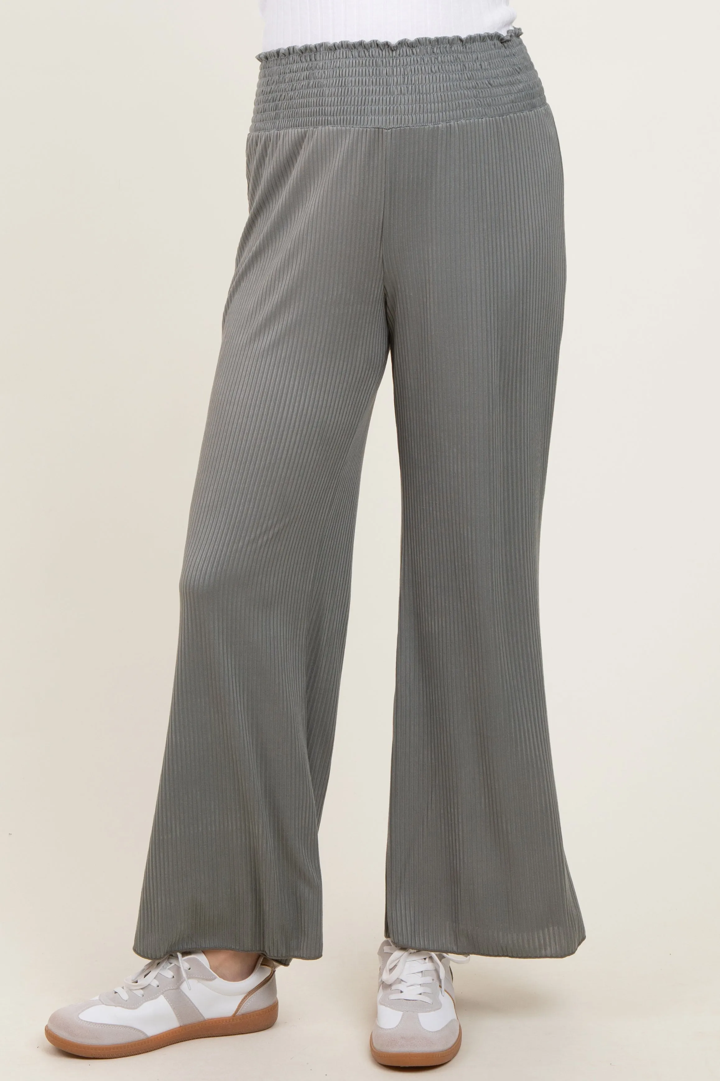 Olive Ribbed Smocked Waistband Wide Leg Pants sold by Pinkblush product image thumbnail 3