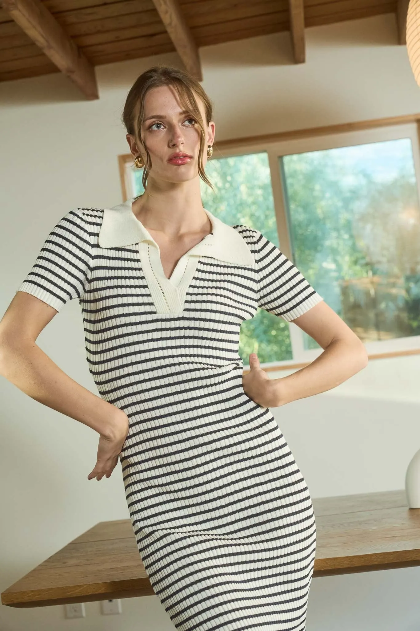 Beige Striped Knit Collared Midi Dress sold by Pinkblush product image thumbnail 4