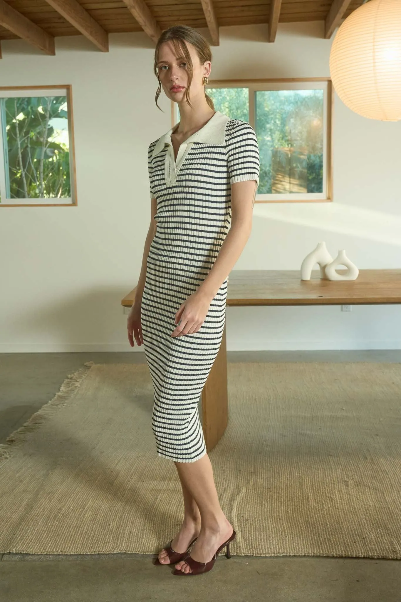 Beige Striped Knit Collared Midi Dress sold by Pinkblush product image thumbnail 2