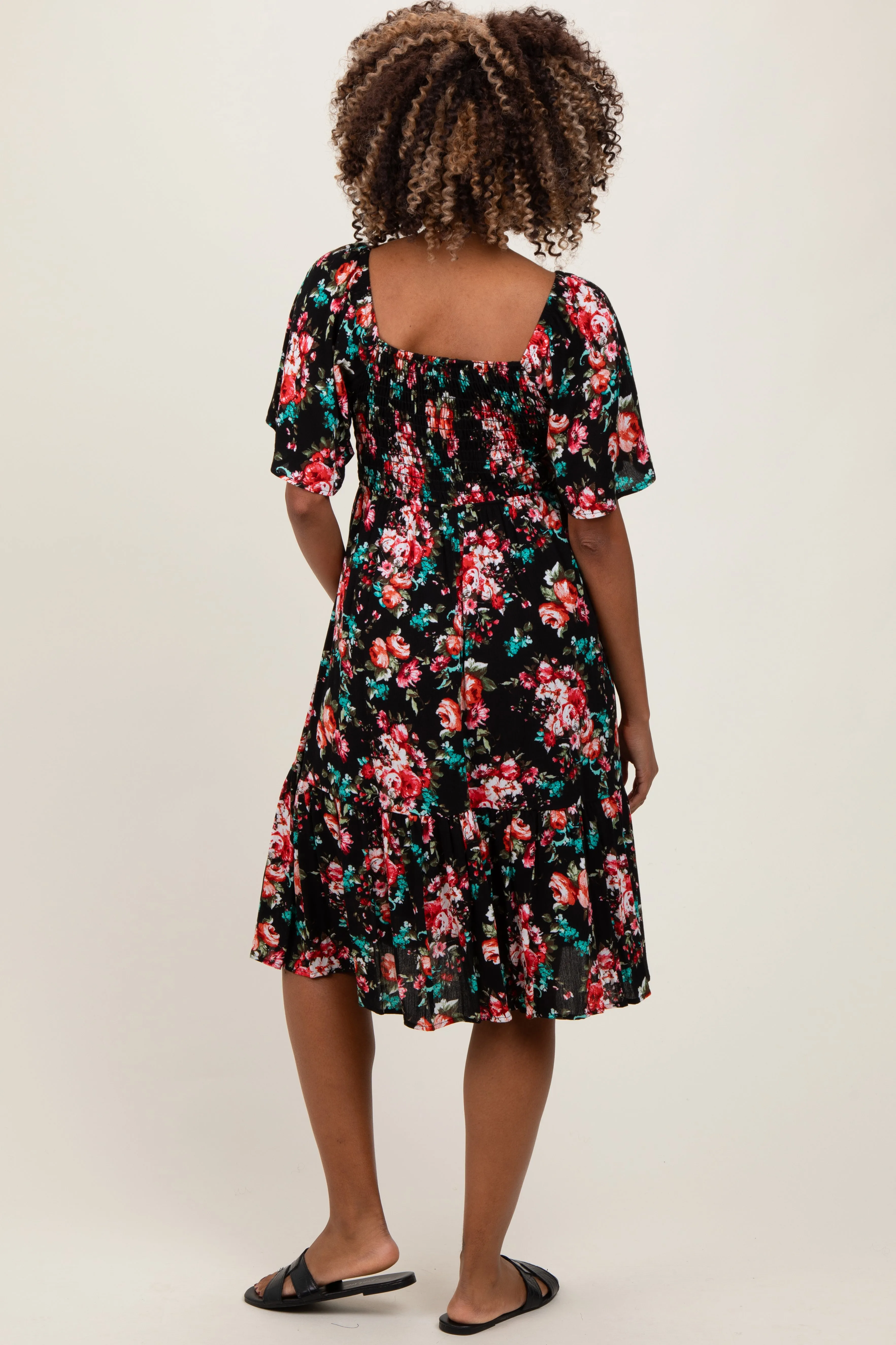 Black Floral Smocked Maternity Midi Dress sold by Pinkblush product image thumbnail 2