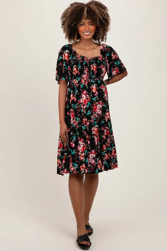 Black Floral Smocked Maternity Midi Dress sold by Pinkblush