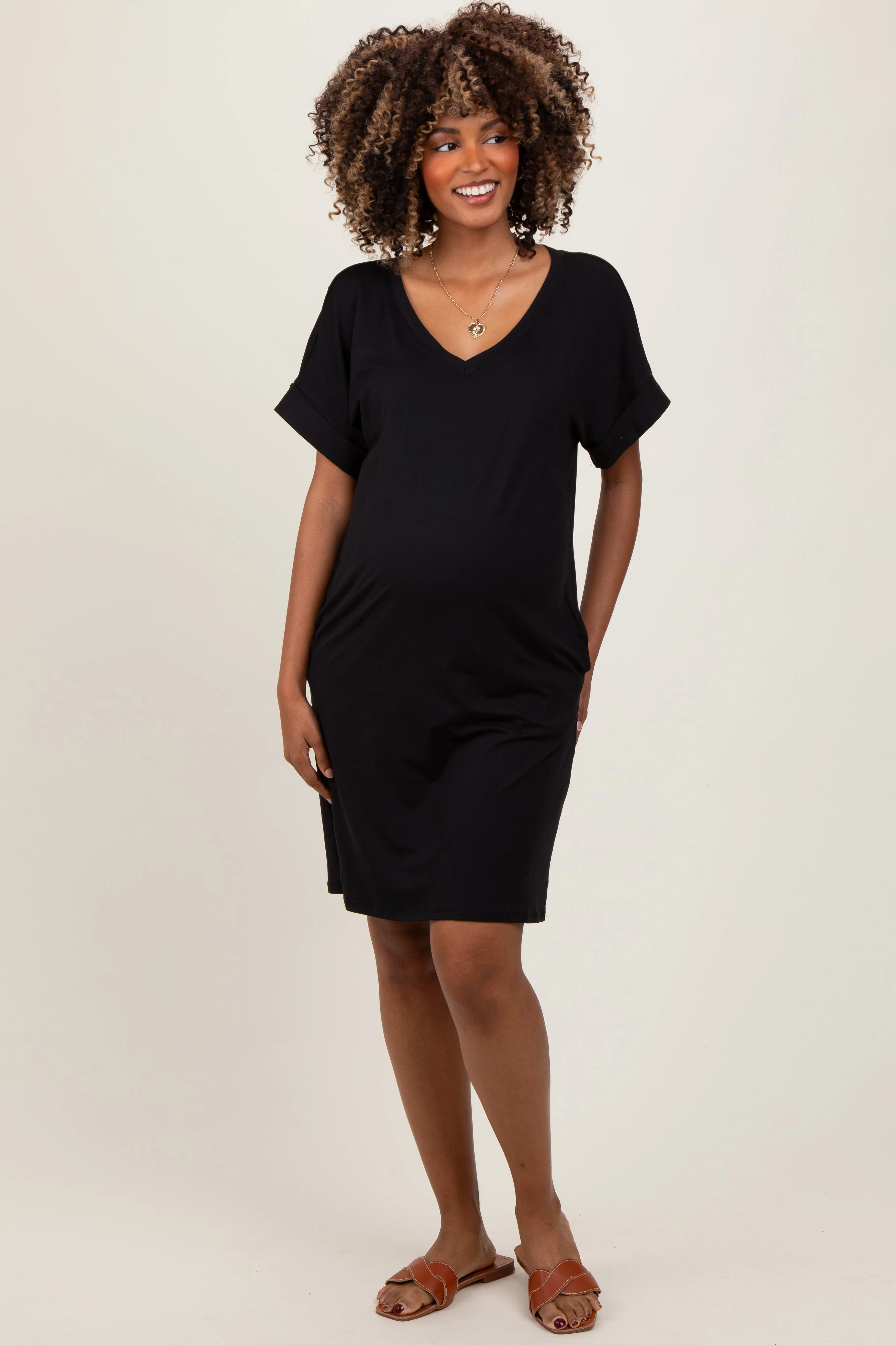 Black Brushed Rolled Short Sleeve V-Neck Maternity Dress sold by Pinkblush