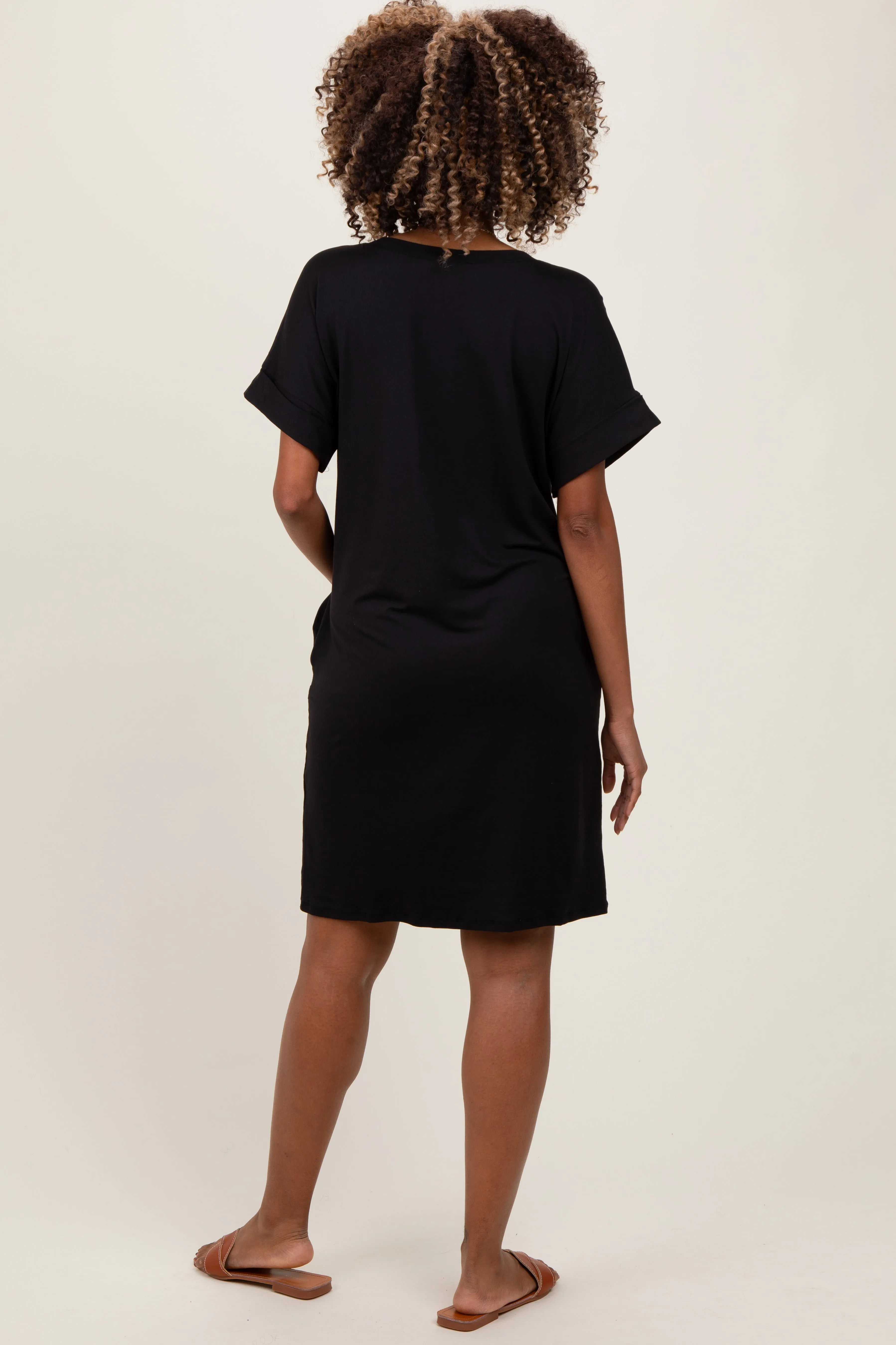 Black Brushed Rolled Short Sleeve V-Neck Maternity Dress sold by Pinkblush product image thumbnail 2