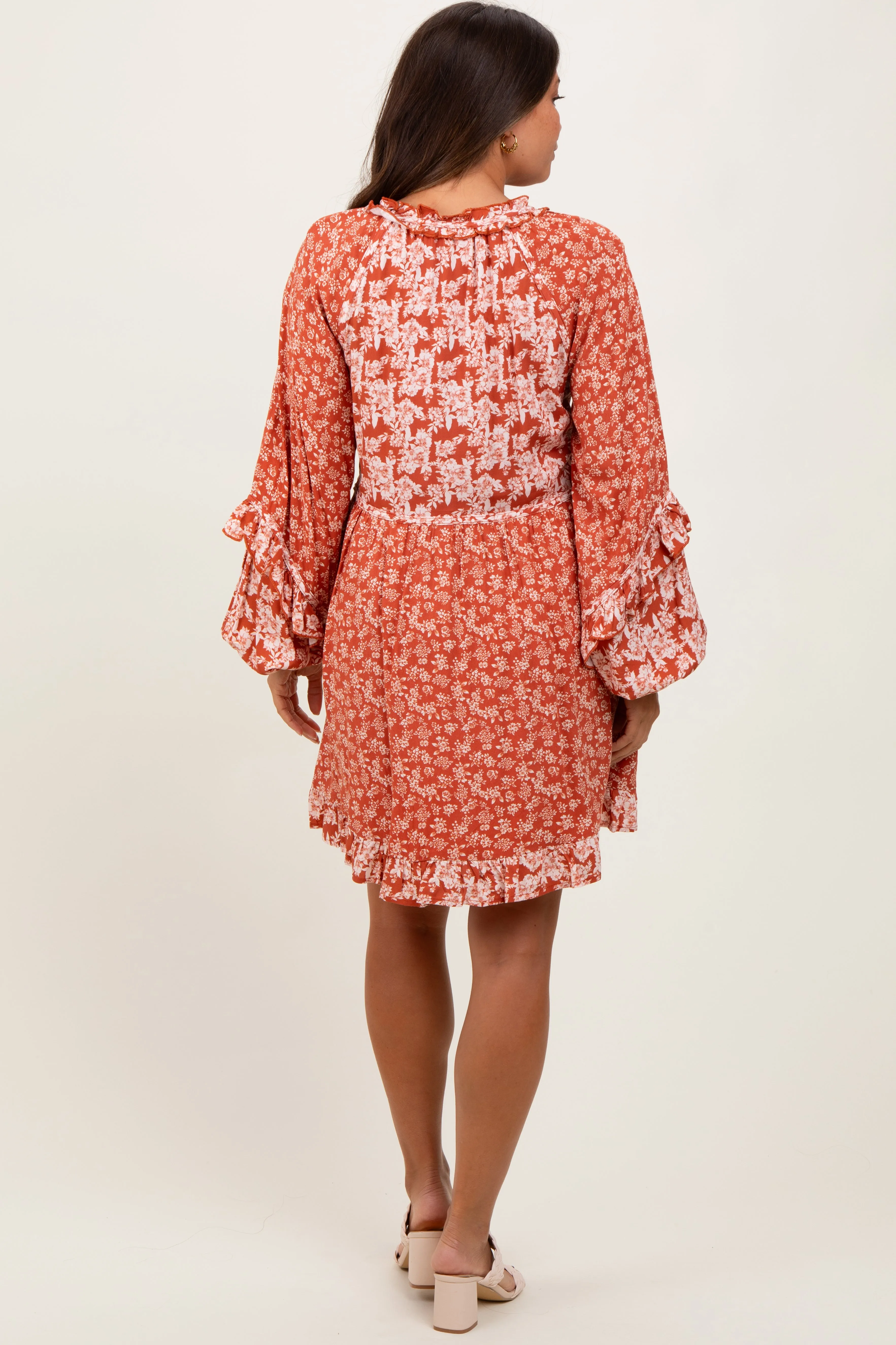 Rust Mixed Floral Tie Front Ruffle Accent Maternity Dress sold by Pinkblush product image thumbnail 4