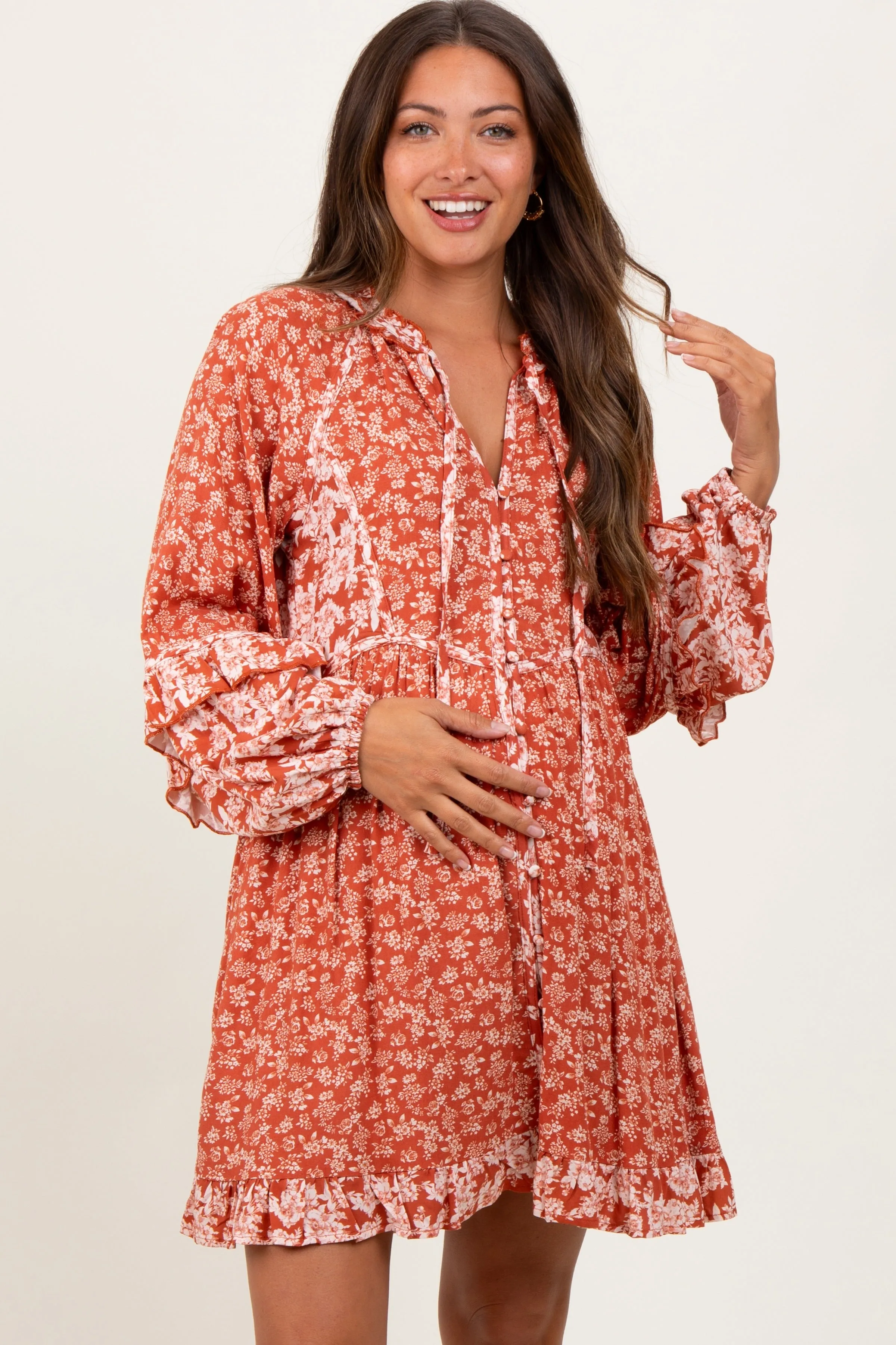 Rust Mixed Floral Tie Front Ruffle Accent Maternity Dress sold by Pinkblush