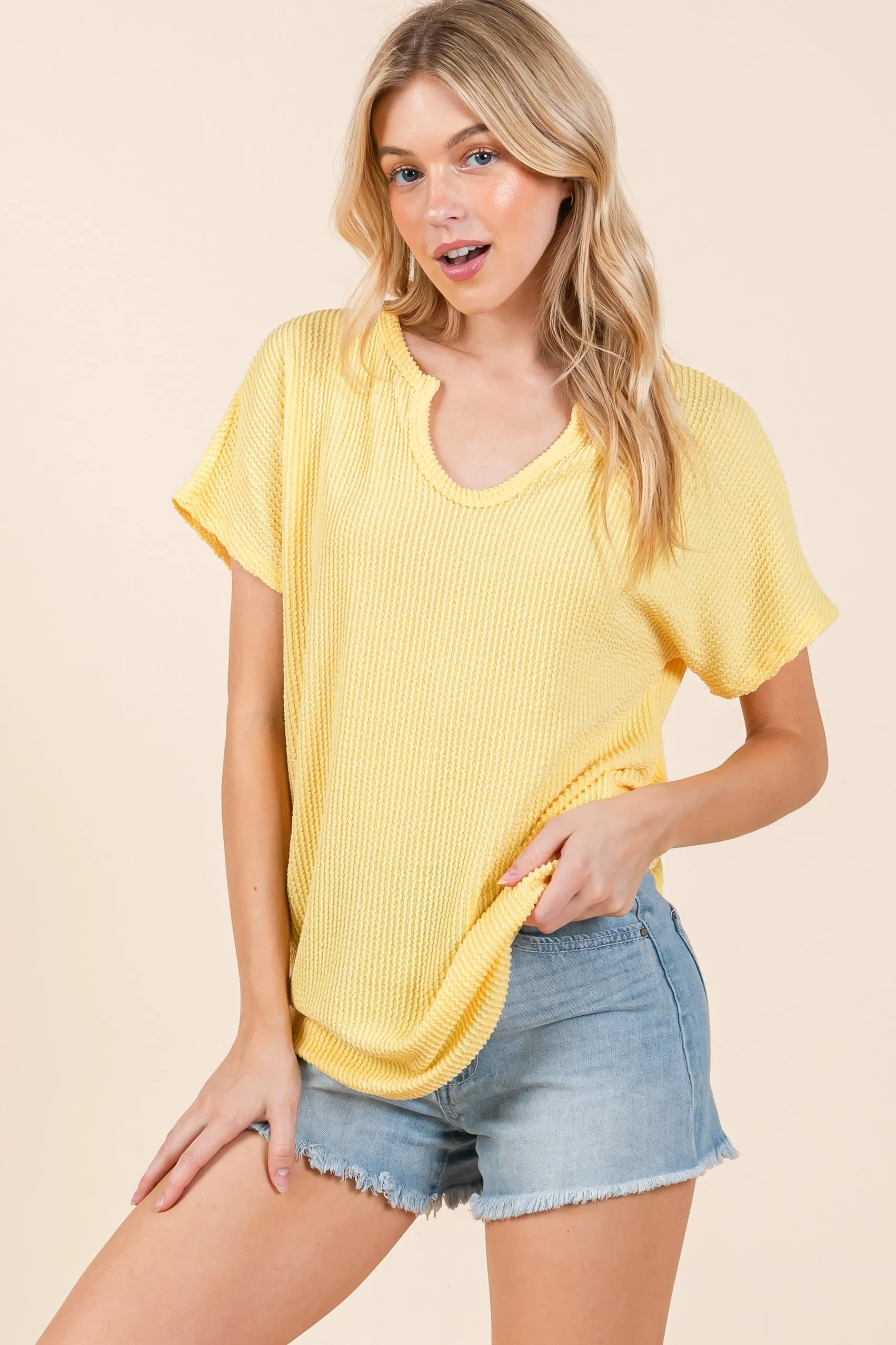 Yellow Ribbed Notched Neckline Top sold by Pinkblush product image thumbnail 2