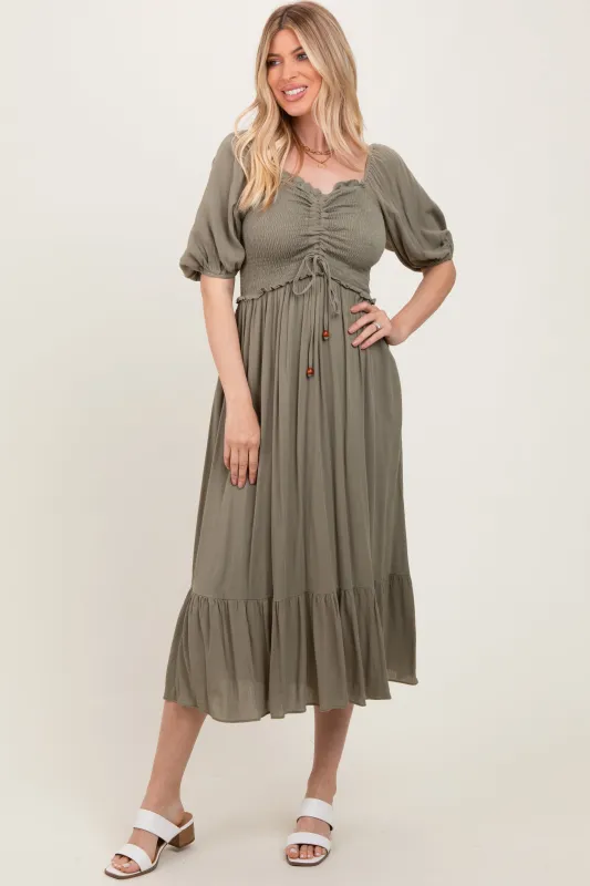 Olive Smocked Cinched Front Maxi Dress sold by Pinkblush