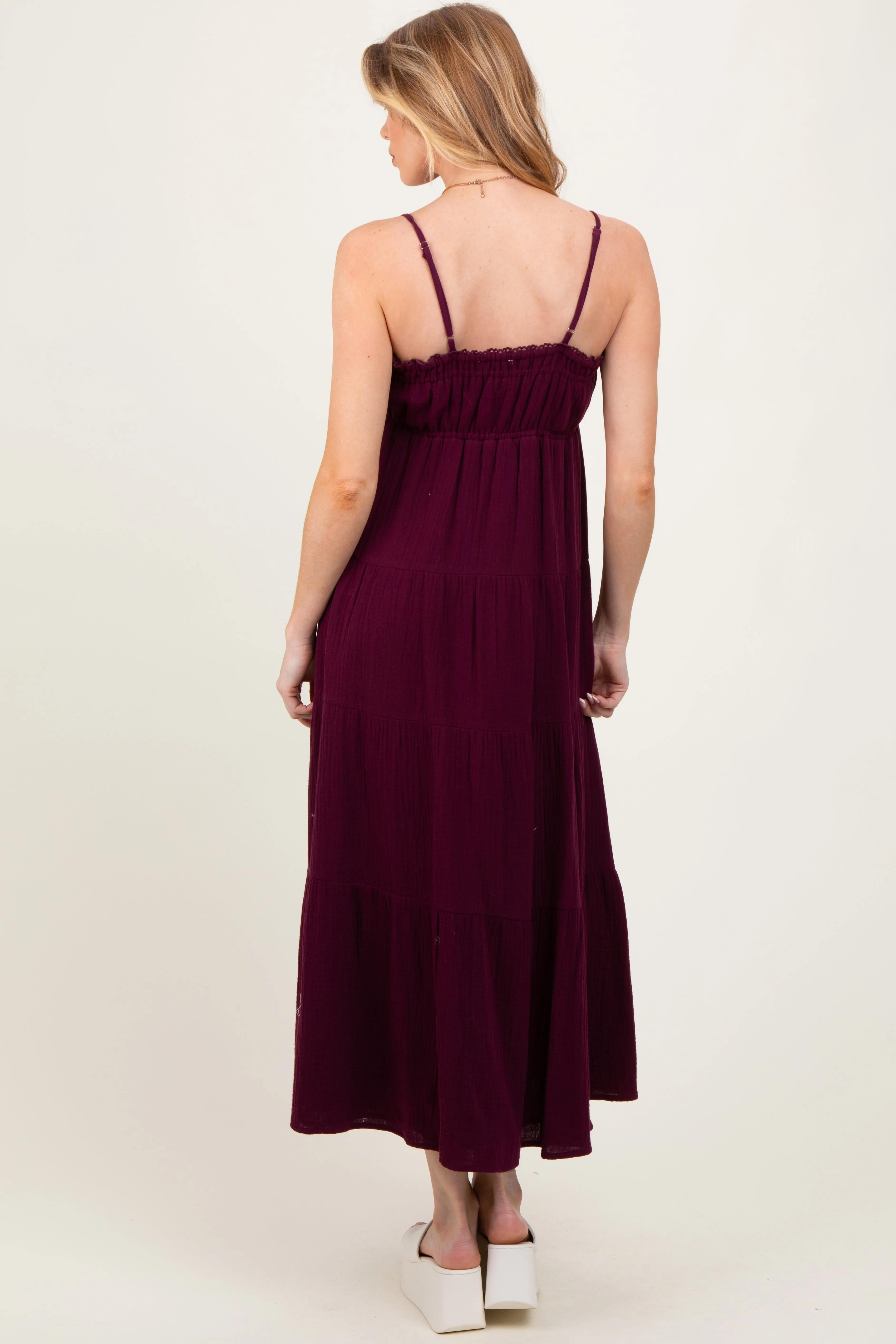 Plum Crochet Trim Tiered Maternity Maxi Dress sold by Pinkblush product image thumbnail 3