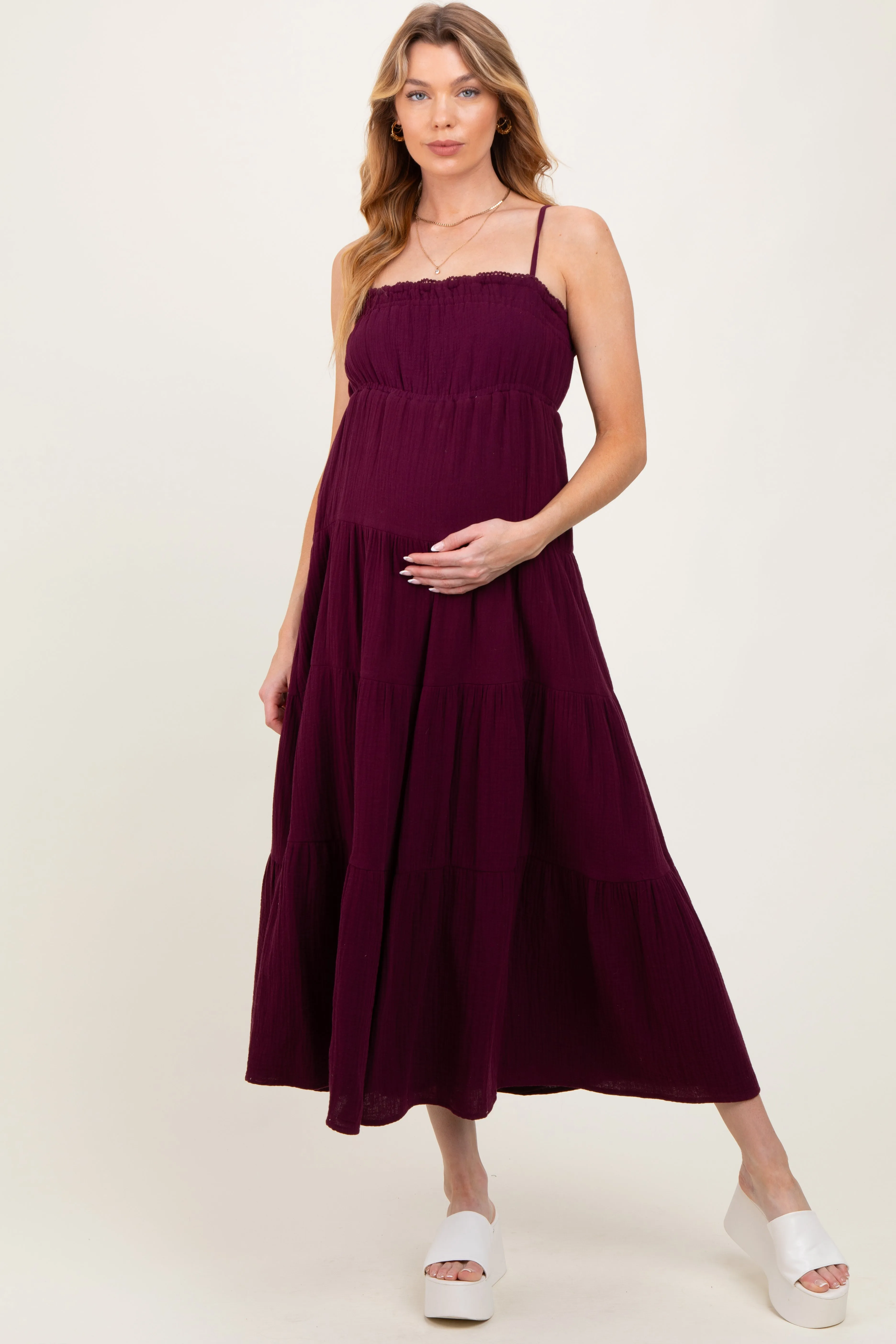 Plum Crochet Trim Tiered Maternity Maxi Dress sold by Pinkblush