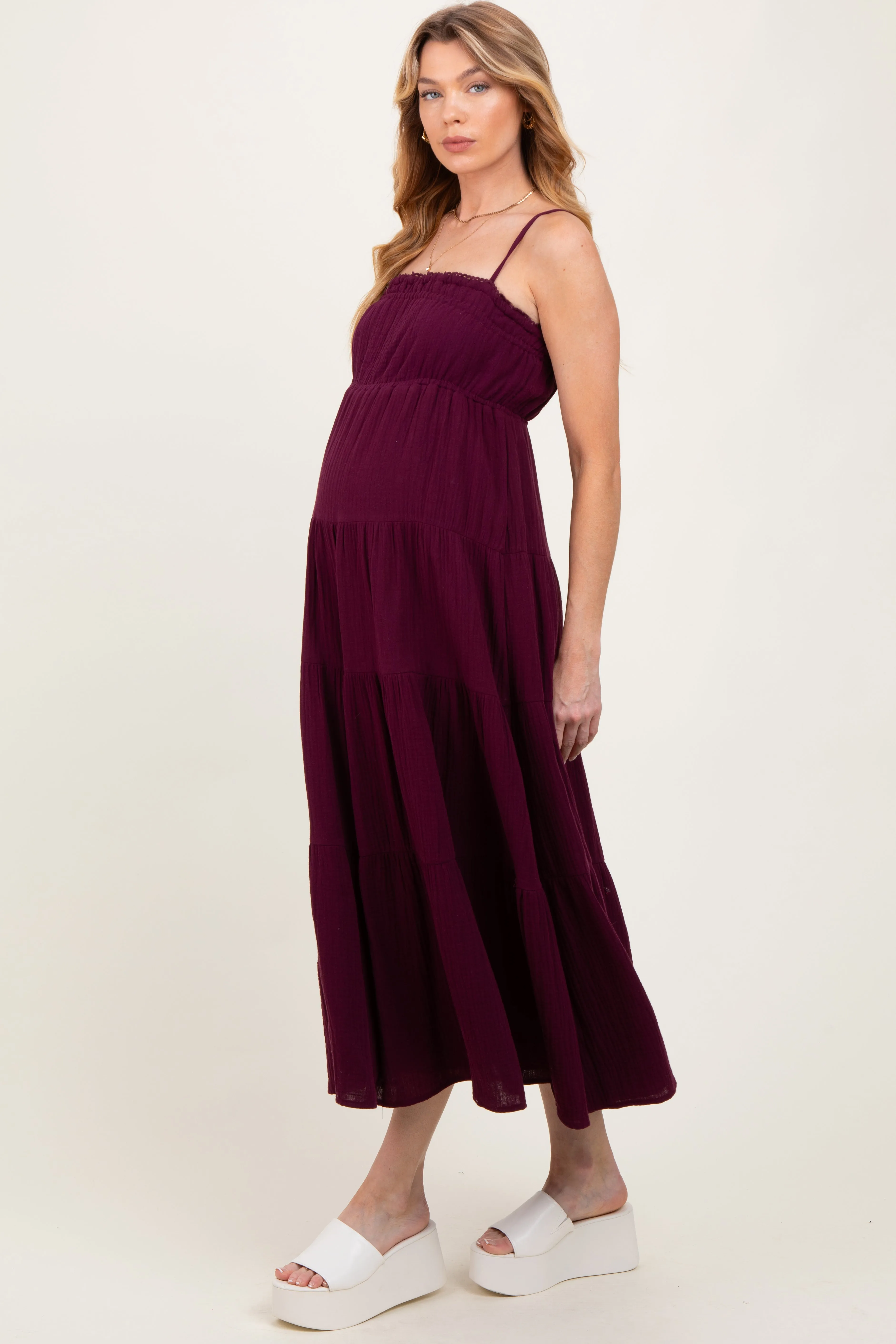 Plum Crochet Trim Tiered Maternity Maxi Dress sold by Pinkblush product image thumbnail 2