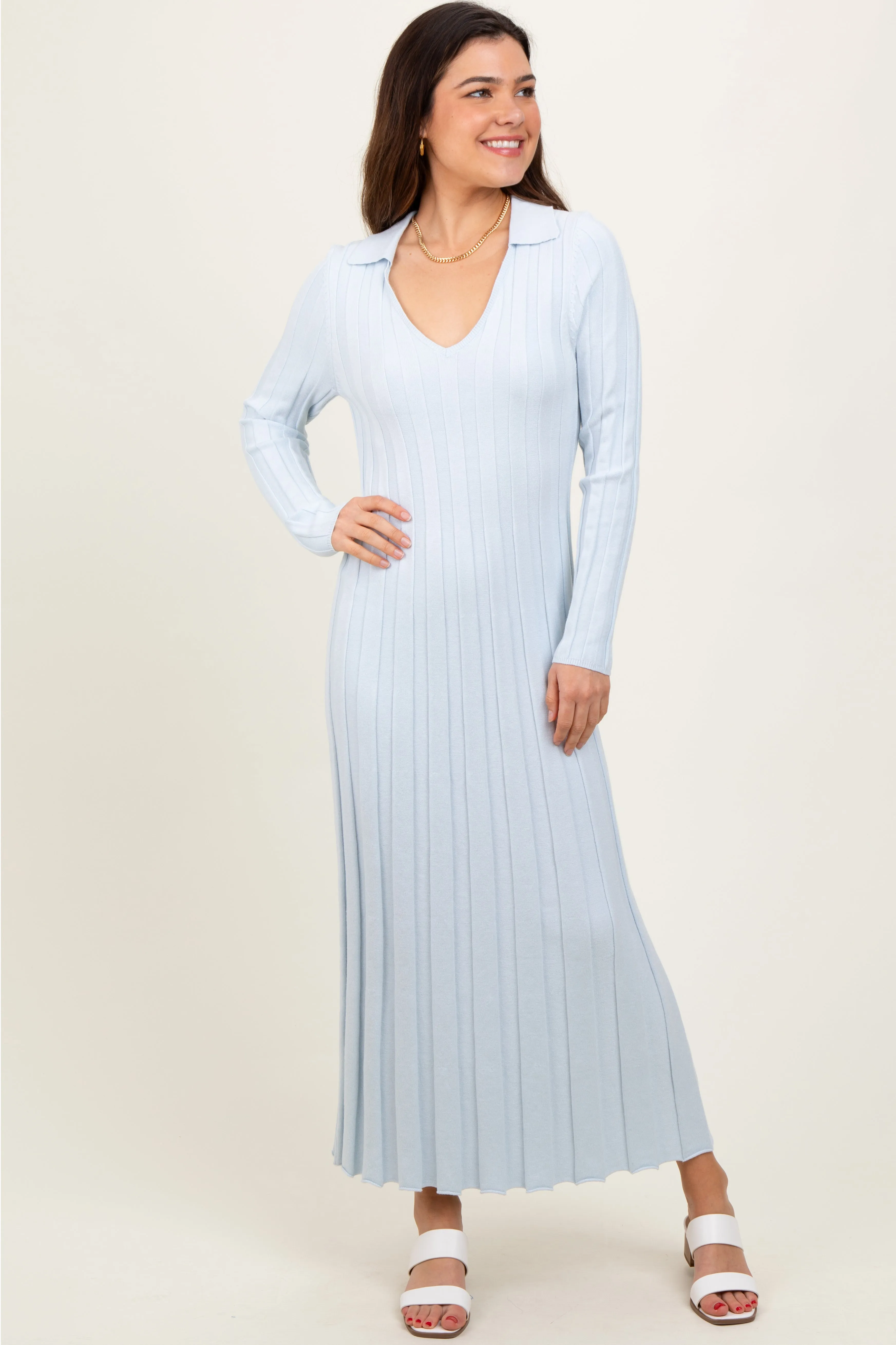 Light Blue Wide Ribbed Knit Collared Midi Dress sold by Pinkblush