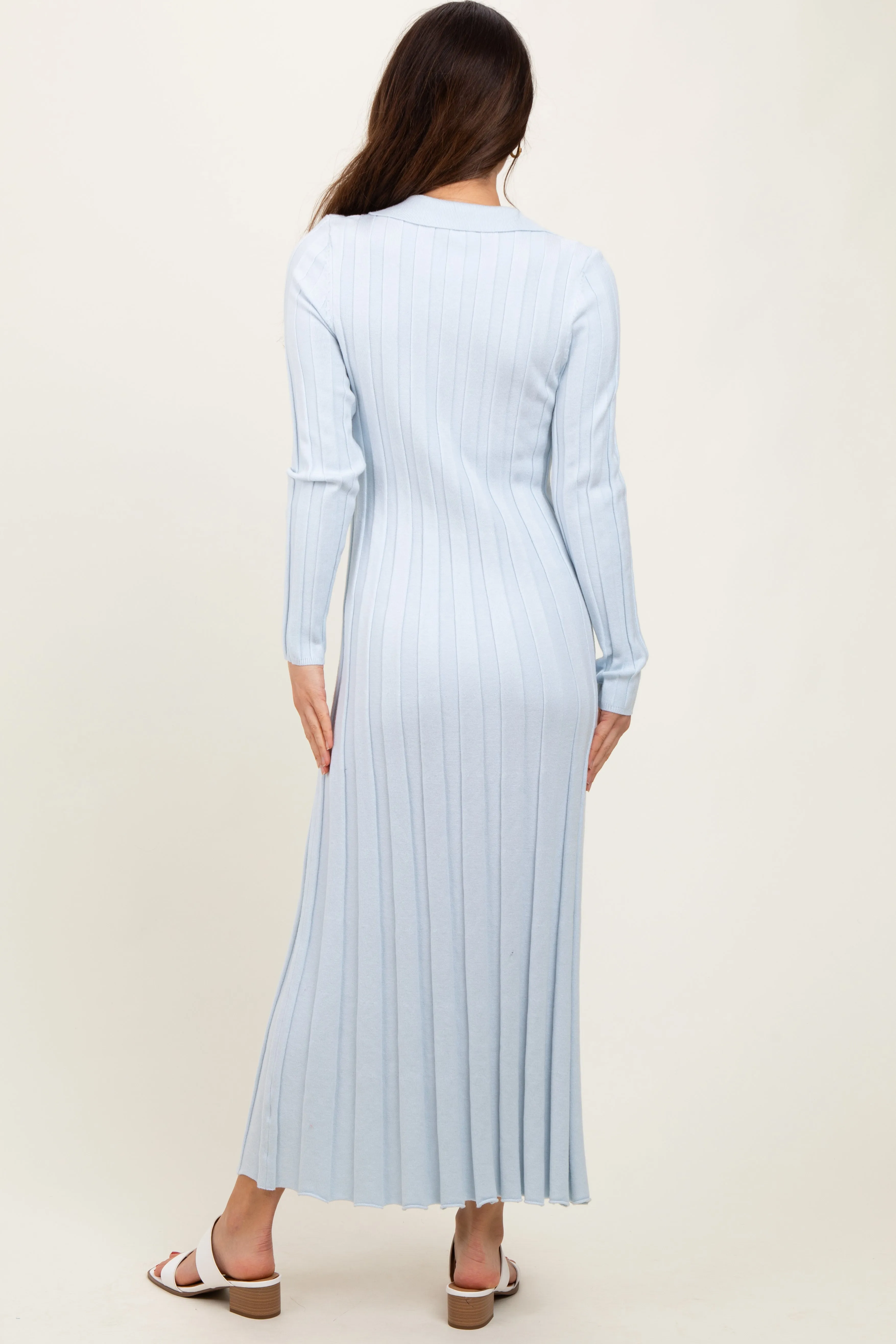 Light Blue Wide Ribbed Knit Collared Midi Dress sold by Pinkblush product image thumbnail 3