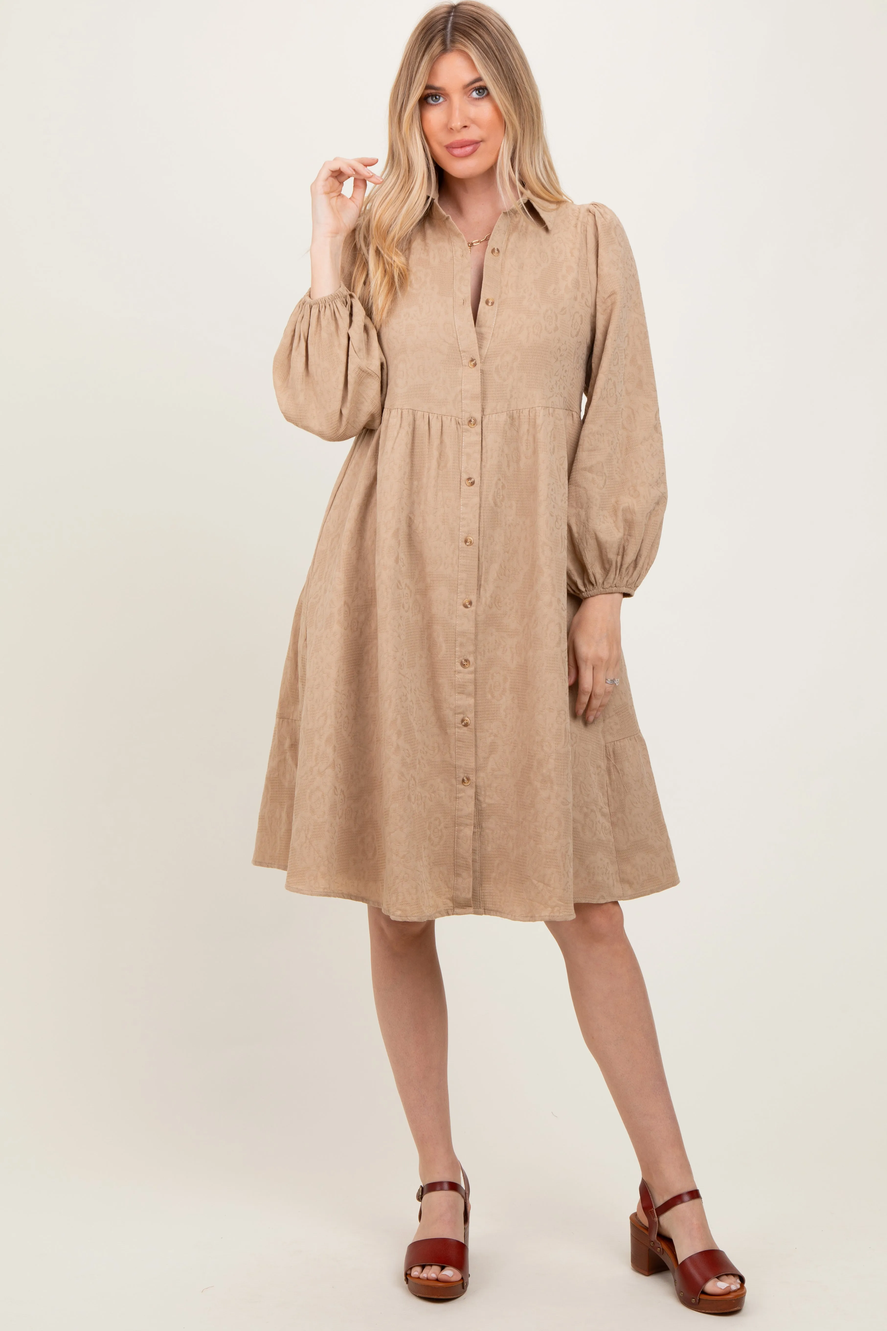 Camel Tiered Button Down Shirt Dress sold by Pinkblush